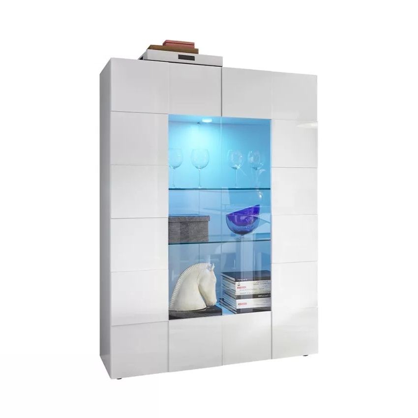 Vitrinekast Dama 166 cm – Strak, greeploos en verlicht in hoogglans wit