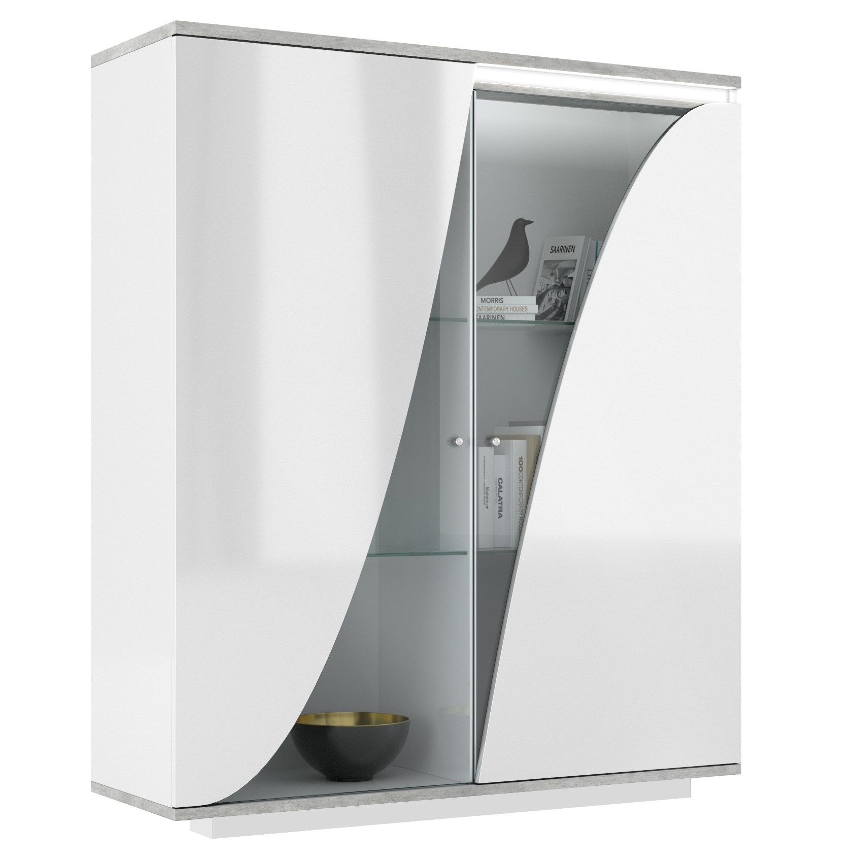 Vitrinekast Goya 135 × 160 cm – Hoogglans wit met grijze betonlook