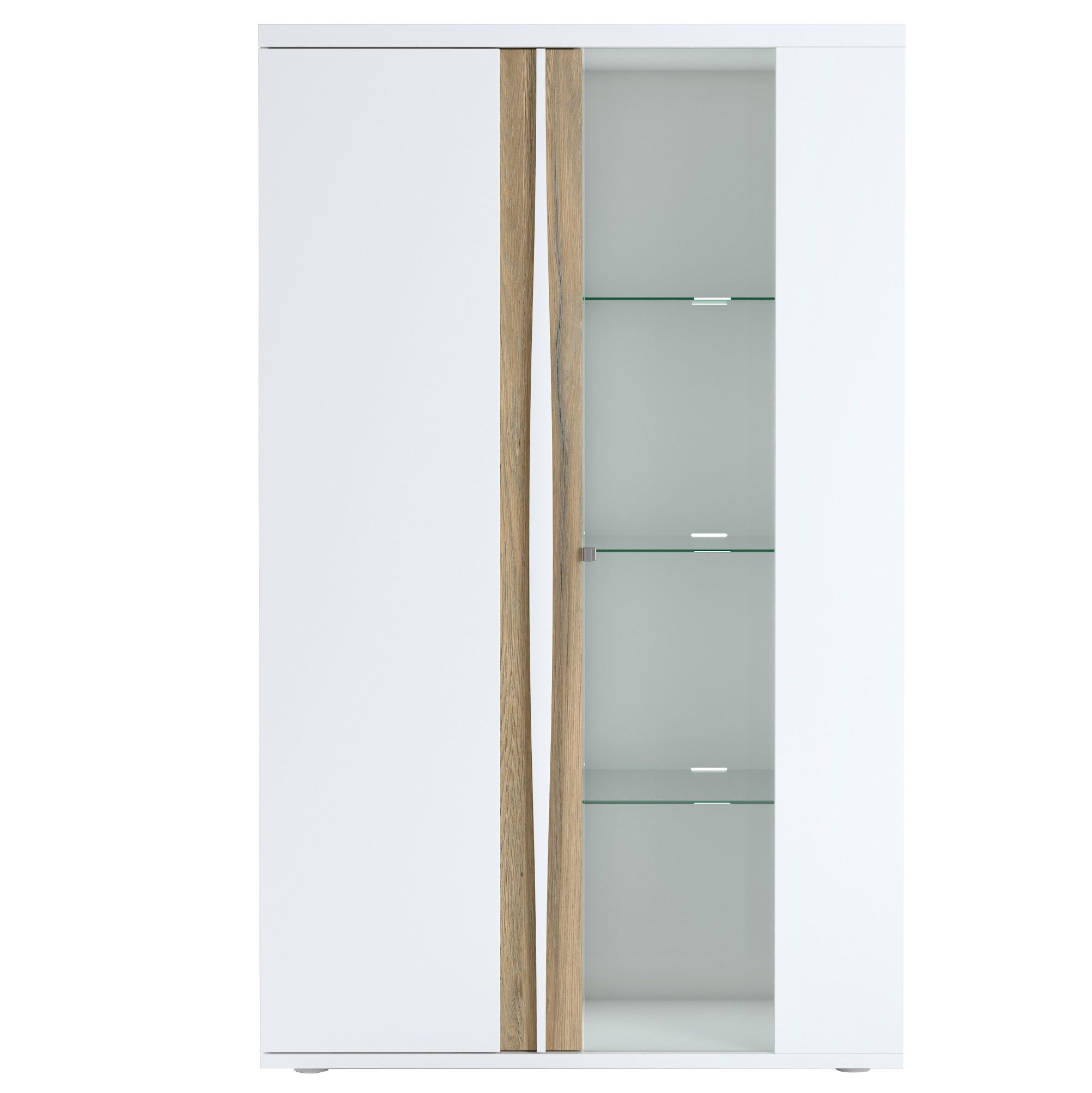 Vitrinekast Insta 180 × 110 cm – Hoogglans wit met eikenaccenten