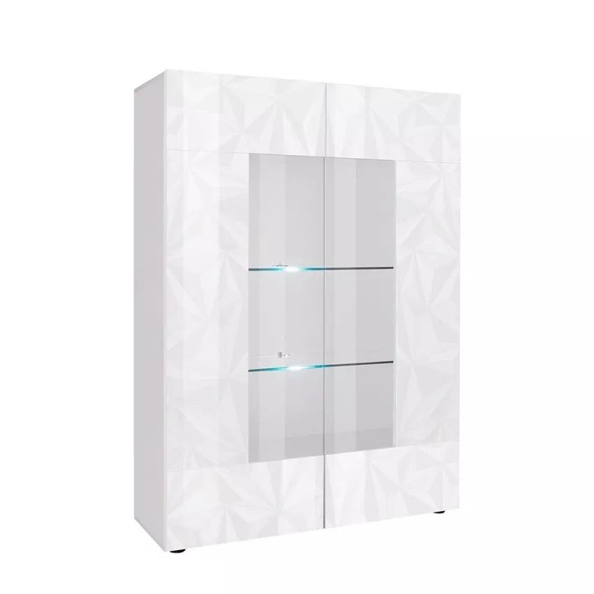Vitrinekast Prisma 166 cm – Strak, strakglanzend wit met veiligheidsglas