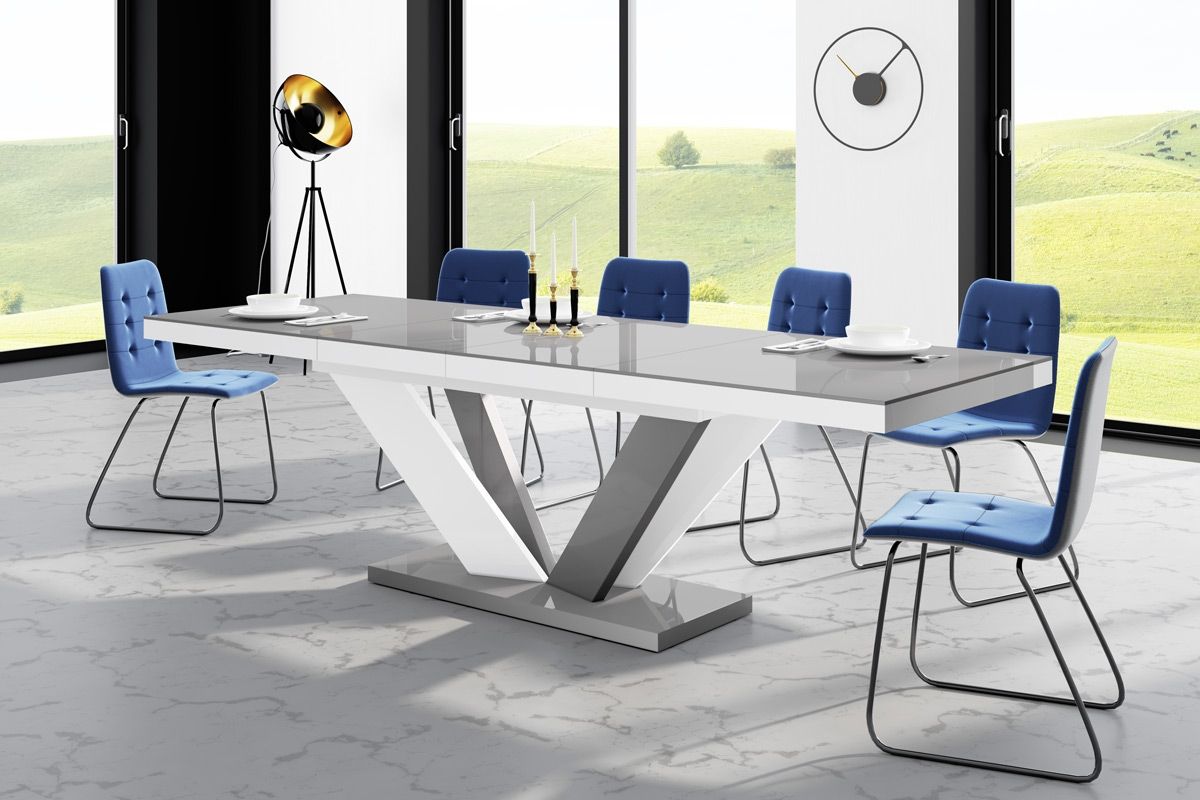 Viva 2 – Stijlvolle uitschuifbare eettafel 160‑256 cm, hoogglans grijs & wit