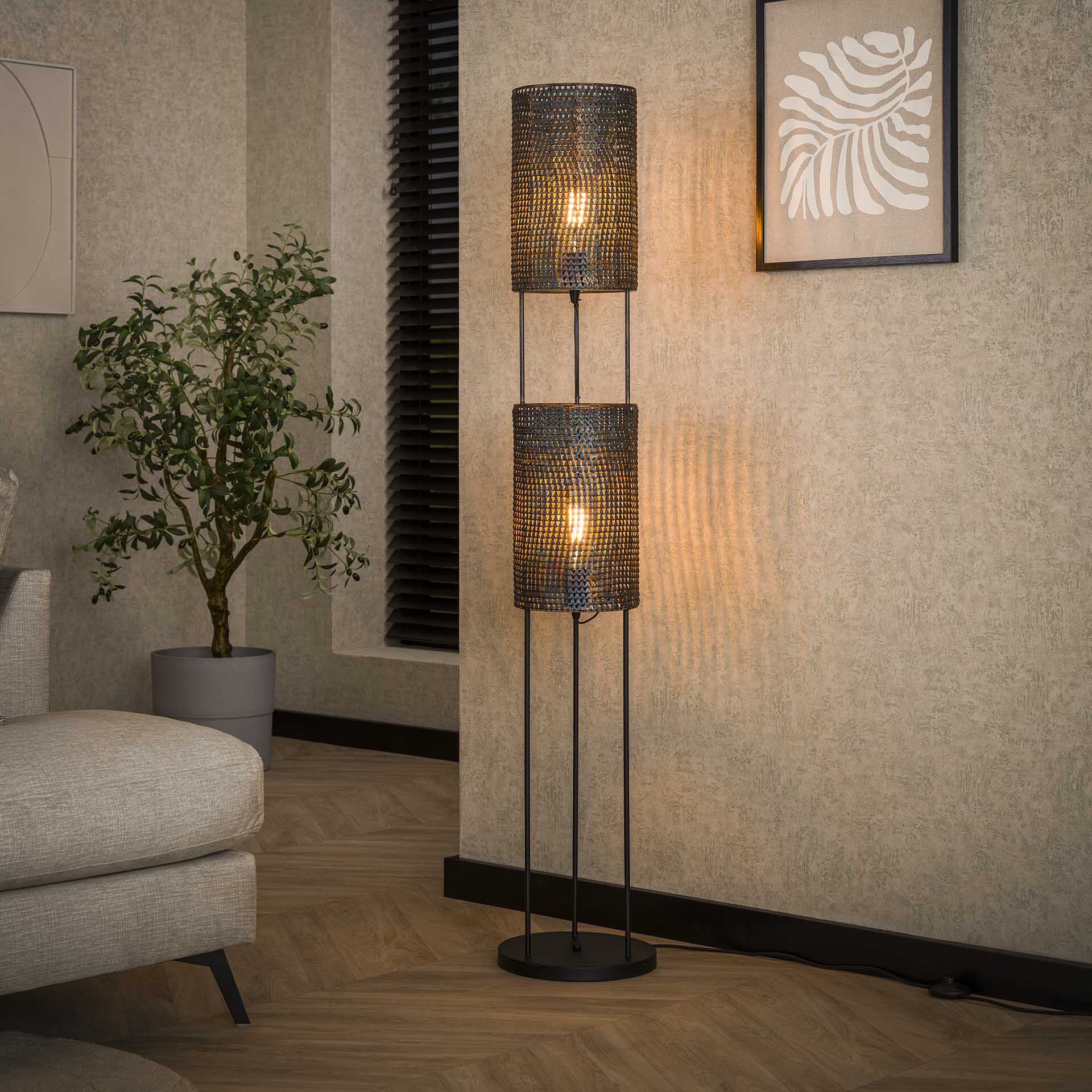 Vloerlamp Goran 2‑lampen – Zwartbruin, handgemaakt en sfeervol