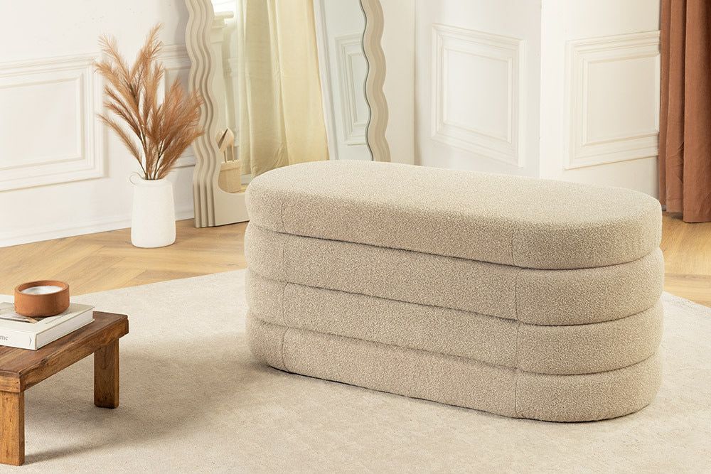 VOGUE 115 cm taupe bouclé bank met verborgen opbergruimte – stijlvol comfort voor elk interieur