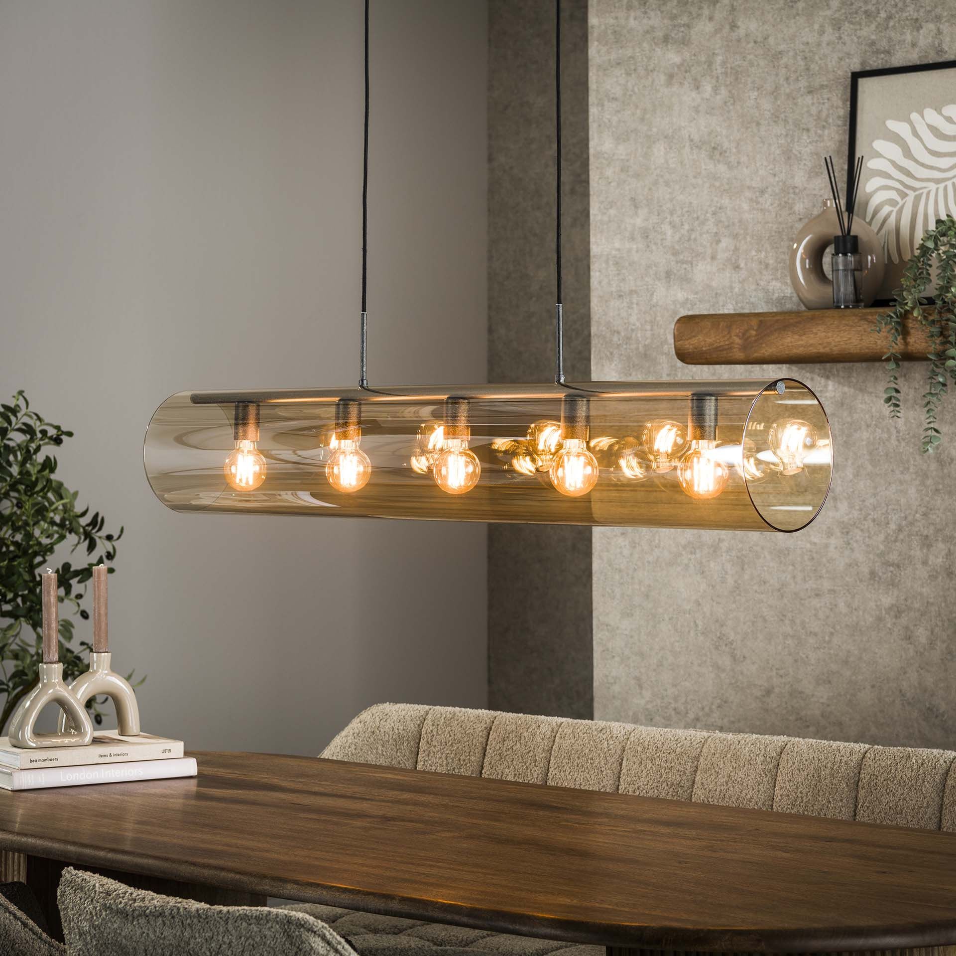 Wessley 5‑lampen hanglamp – Amber glas & Artic black