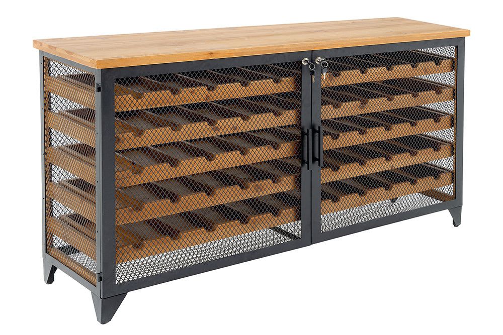 Wijnkast BODEGA 130 cm – Natuurlijke vurenhout & zwart metaal voor 55 flessen