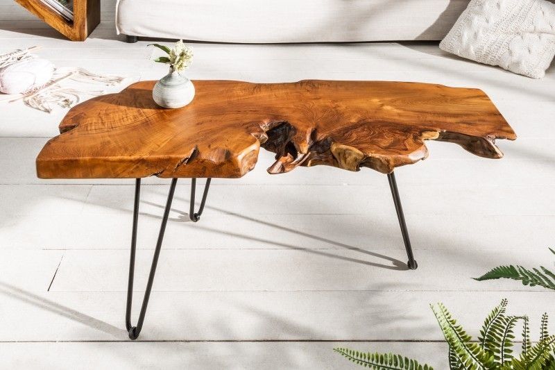 WILD 100 cm massieve teak salontafel met unieke boomschijf en haarspeldpoten – Invicta Interior