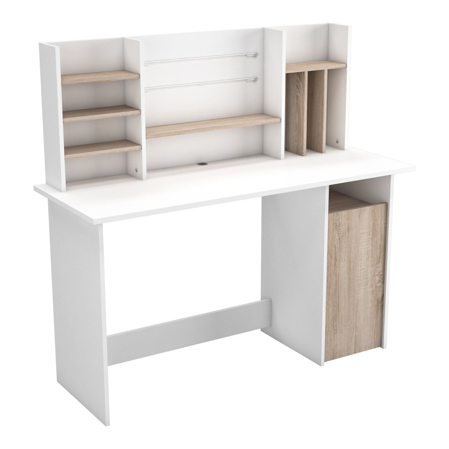 Wit bureau Ambre – 135 cm breed met eikenblad en slimme opbergruimte