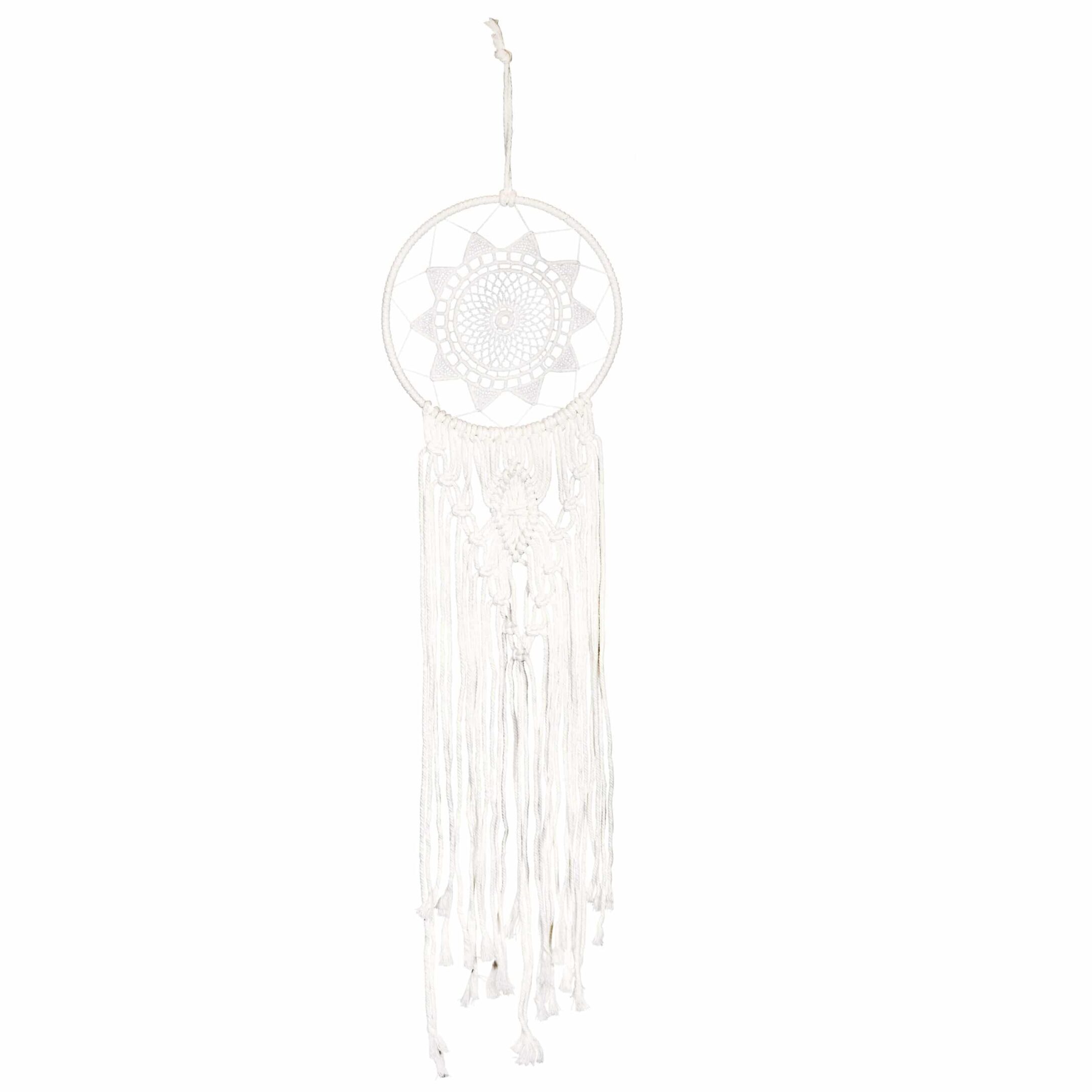 Witte ronde dromenvanger QUVIO – 92 cm × 20 cm | Handgemaakte macramé wanddecoratie