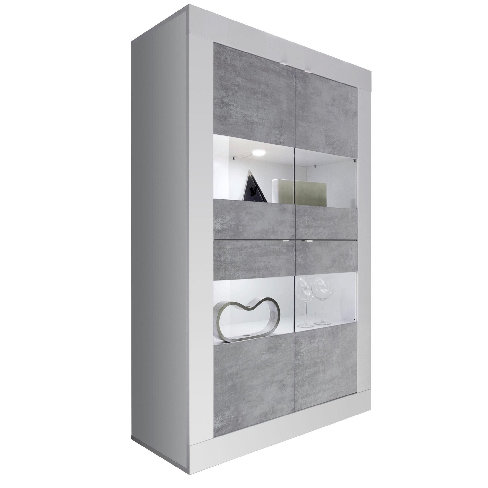 Witte vitrinekast Basic 162 cm – strak design met betonnen accenten