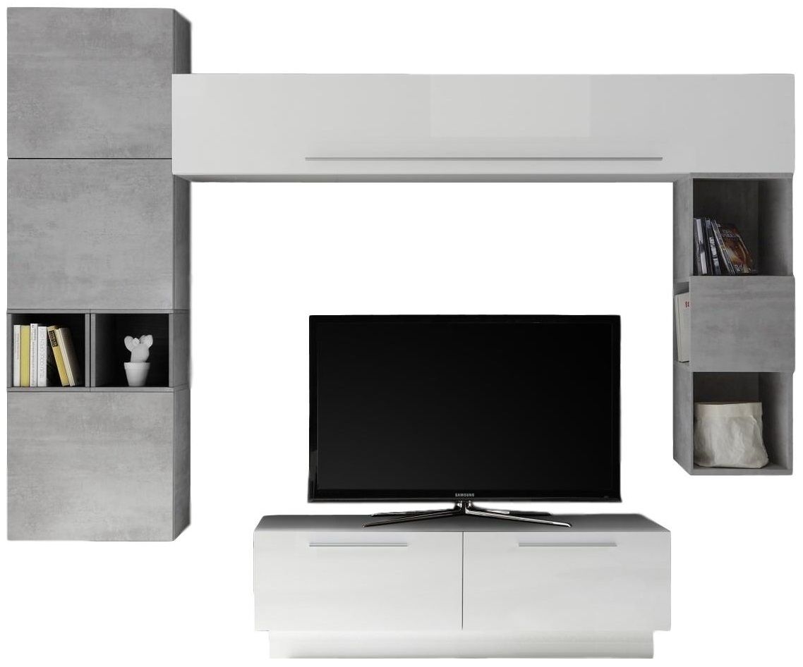 Wolker TV‑wandmeubel set – Hoogglans wit met grijs beton