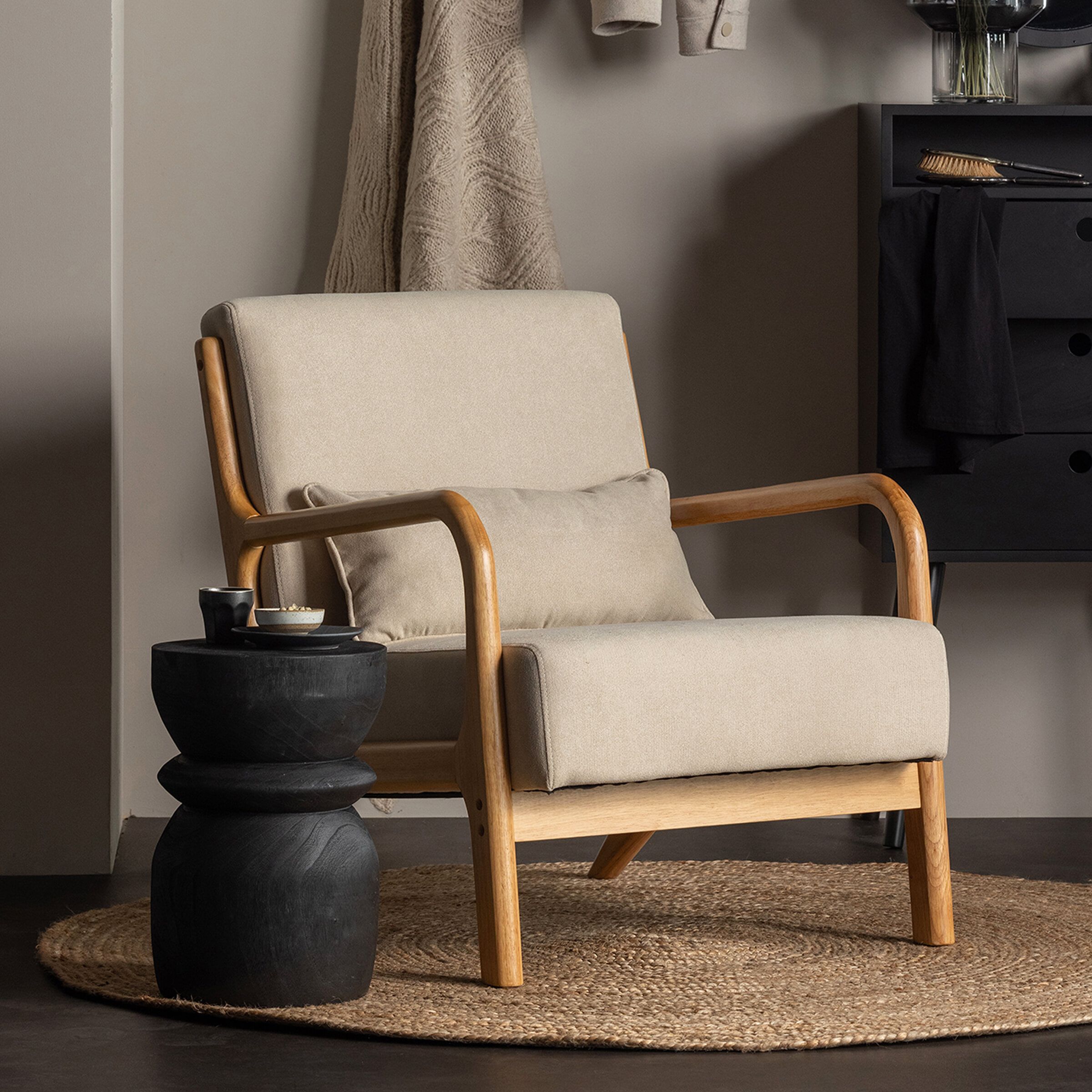 WOOOD Fauteuil Mark – Slanke Japandi Fauteuil in Natuurlijke Stof
