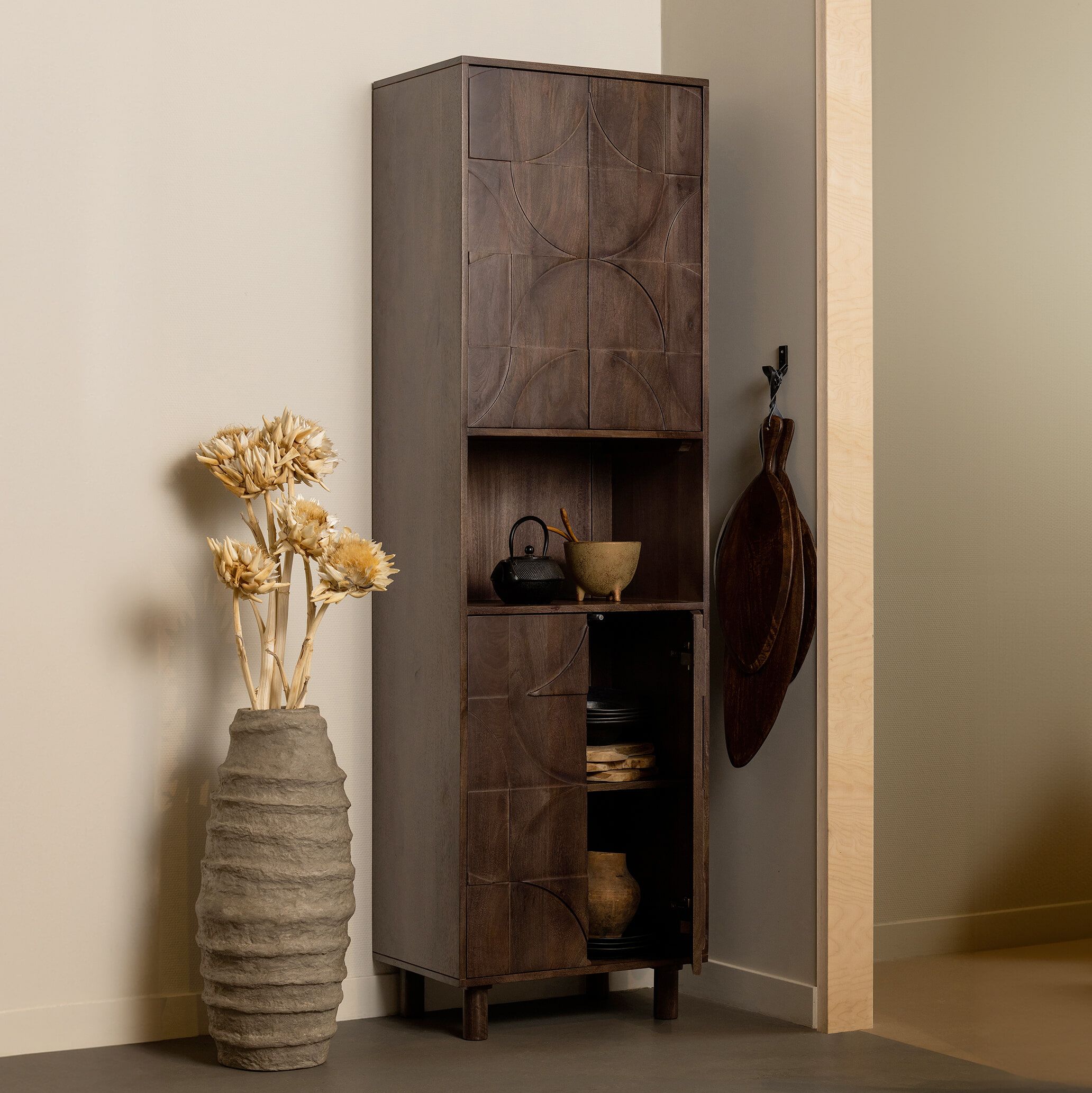 WOOOD Opbergkast Draw – Walnoot mangohout, Japandi stijl (200×60 cm)