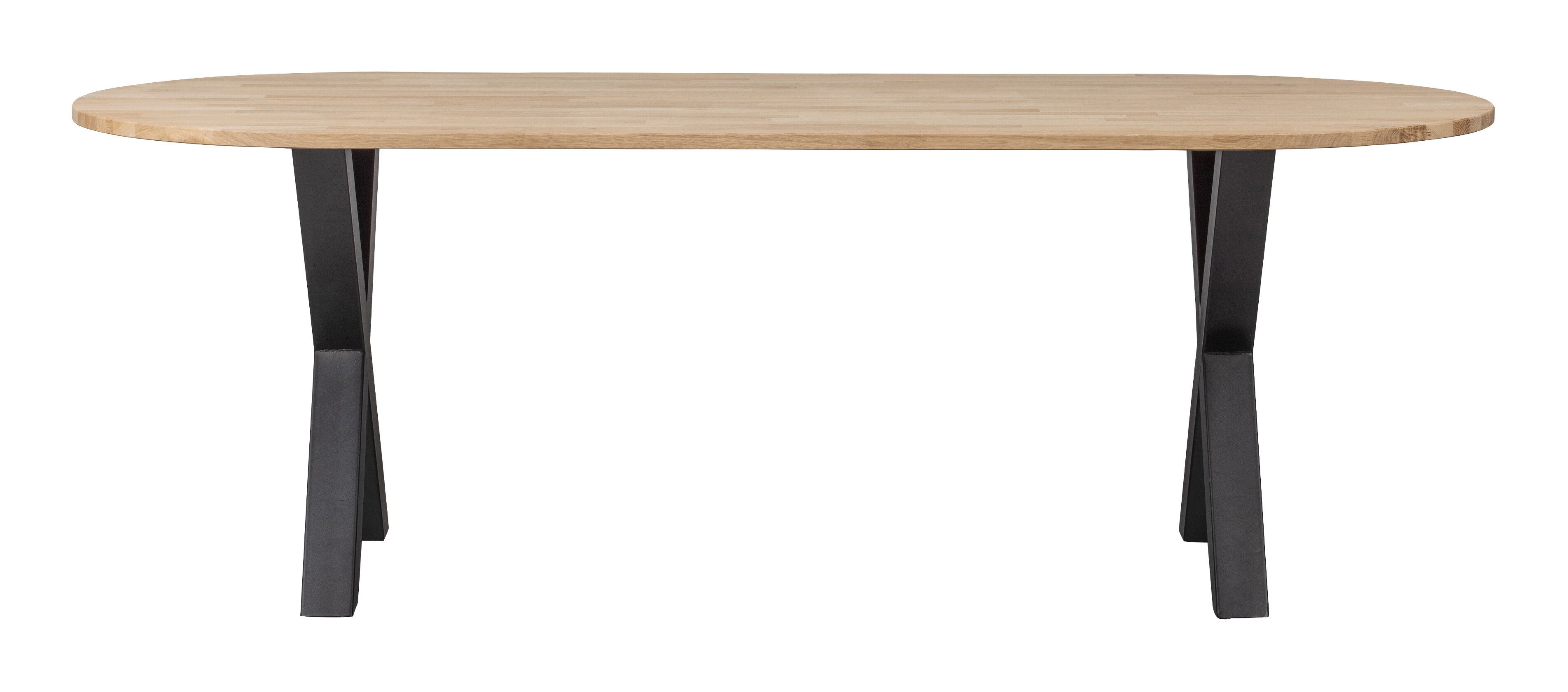 WOOOD Ovale Eettafel Tablo met X‑poot – 220 × 90 cm, Onbehandeld eiken & Mat Zwart staal