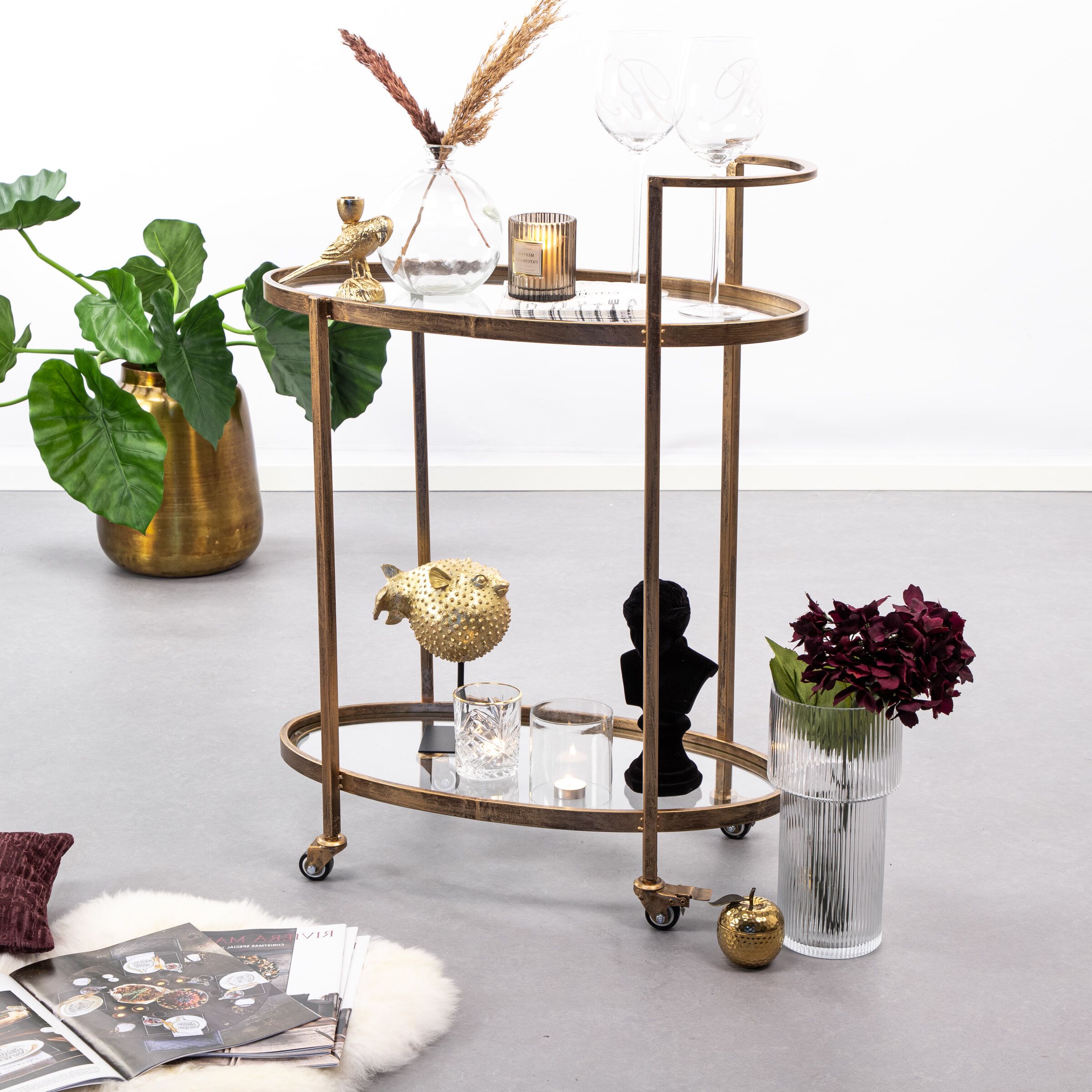 WOOOD Push Trolley – Luxe Antiek Messing met Glazen Legplanken