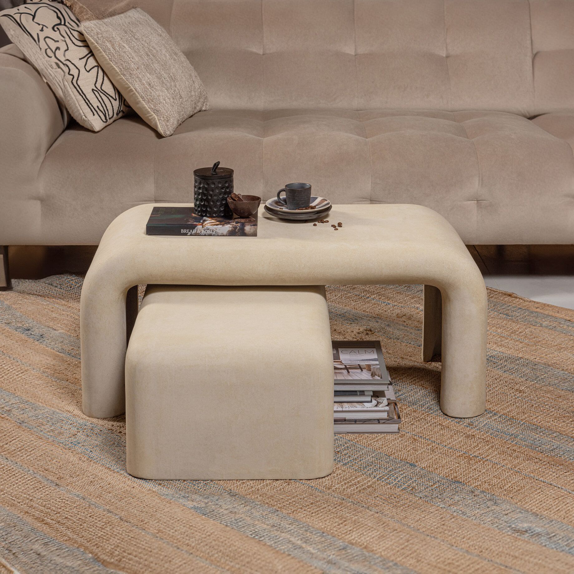 WOOOD Stani Salontafel Set – betonlook, organisch design in naturel