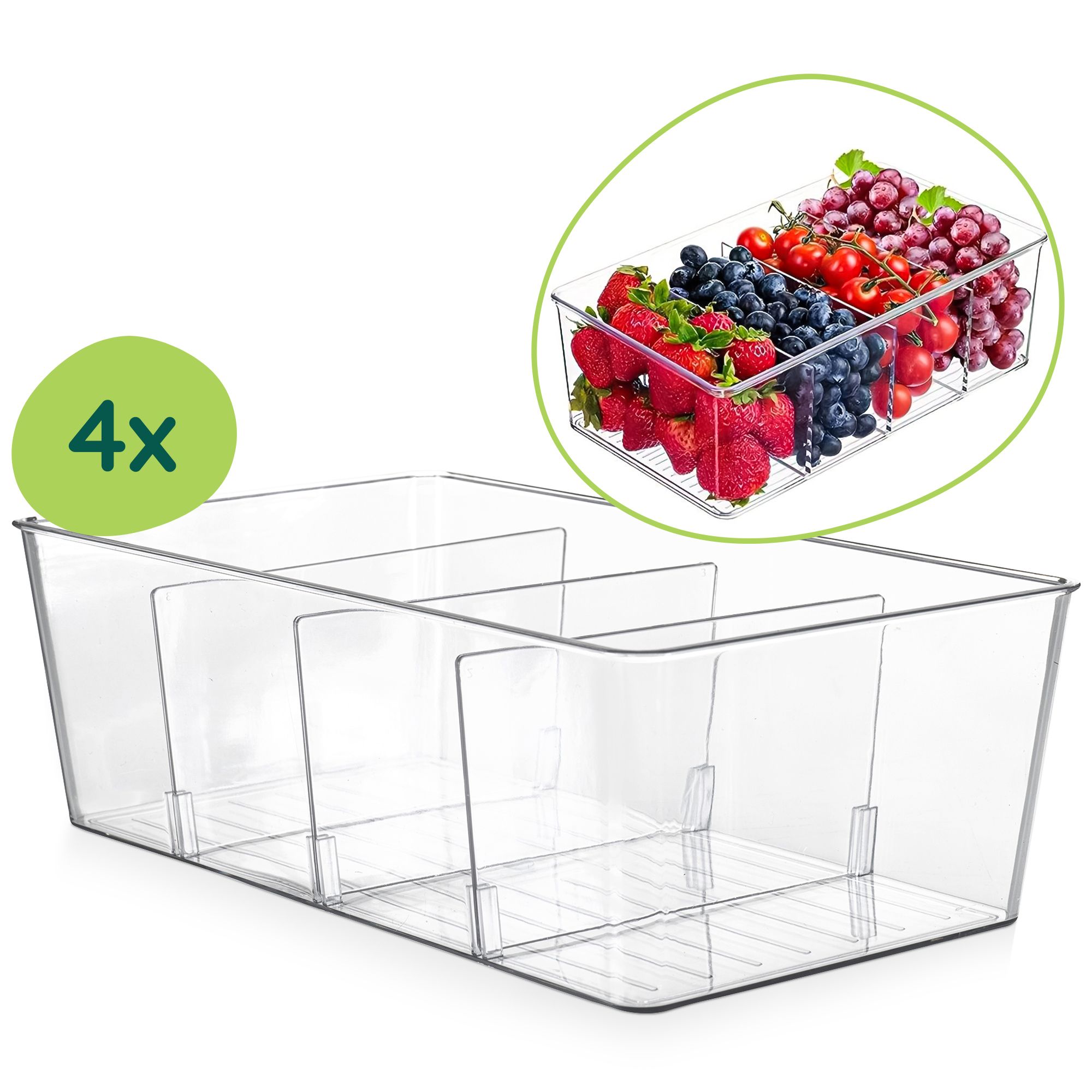 XIVADA Caro Koelkast Organizer – Set van 4 Transparante PET-bakken met Dividers