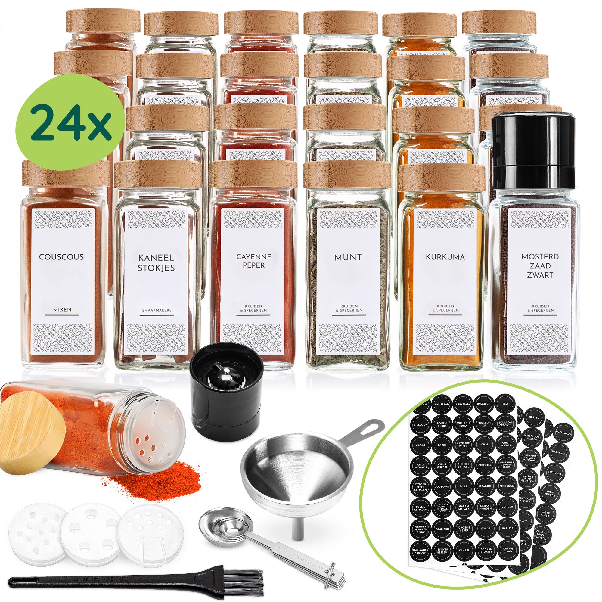 XIVADA Glazen kruidenpotjes set – 24 vierkante bamboepotjes met label‑stickers
