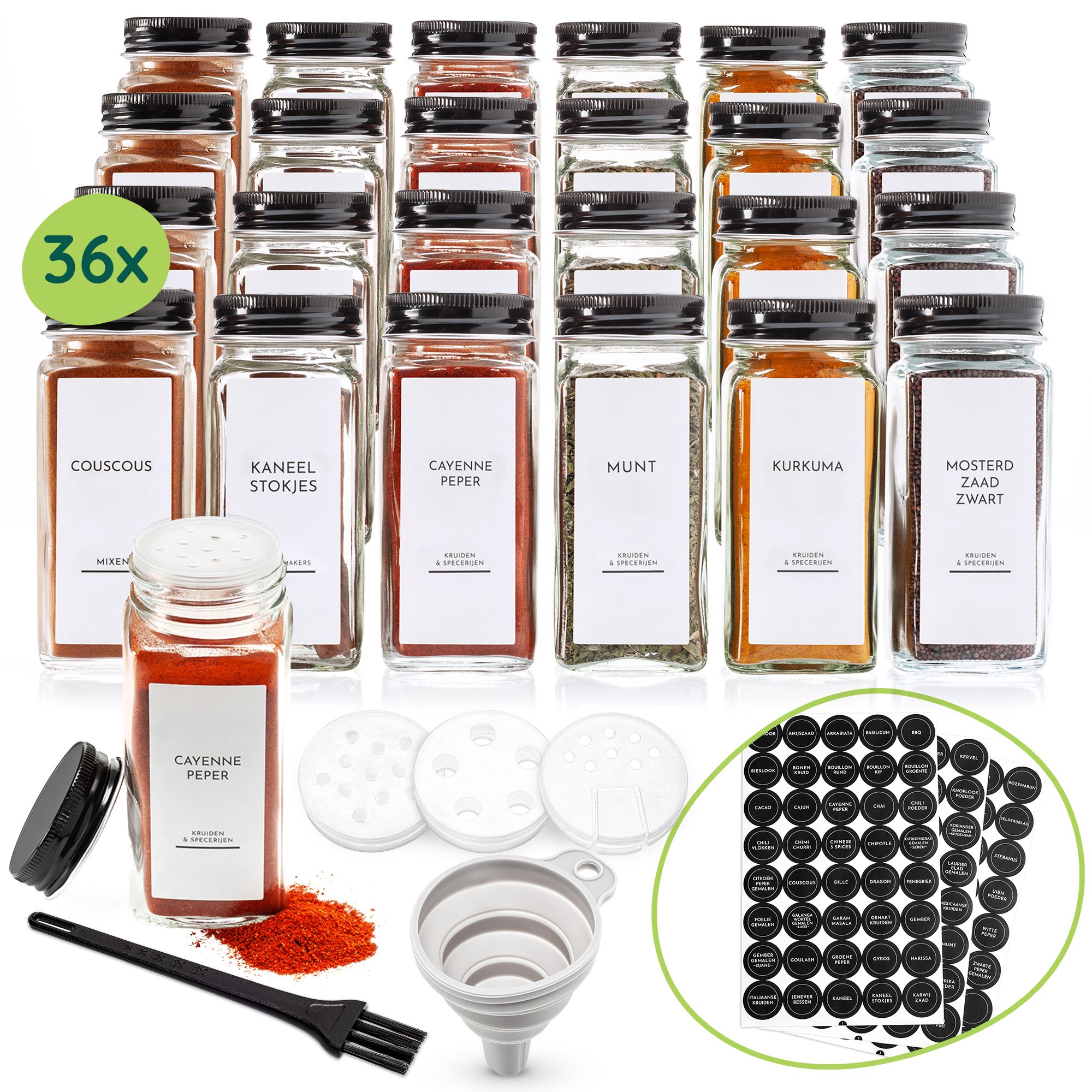 XIVADA Glazen Kruidenpotjes Set – 36 Stuks met Stickers, Noir