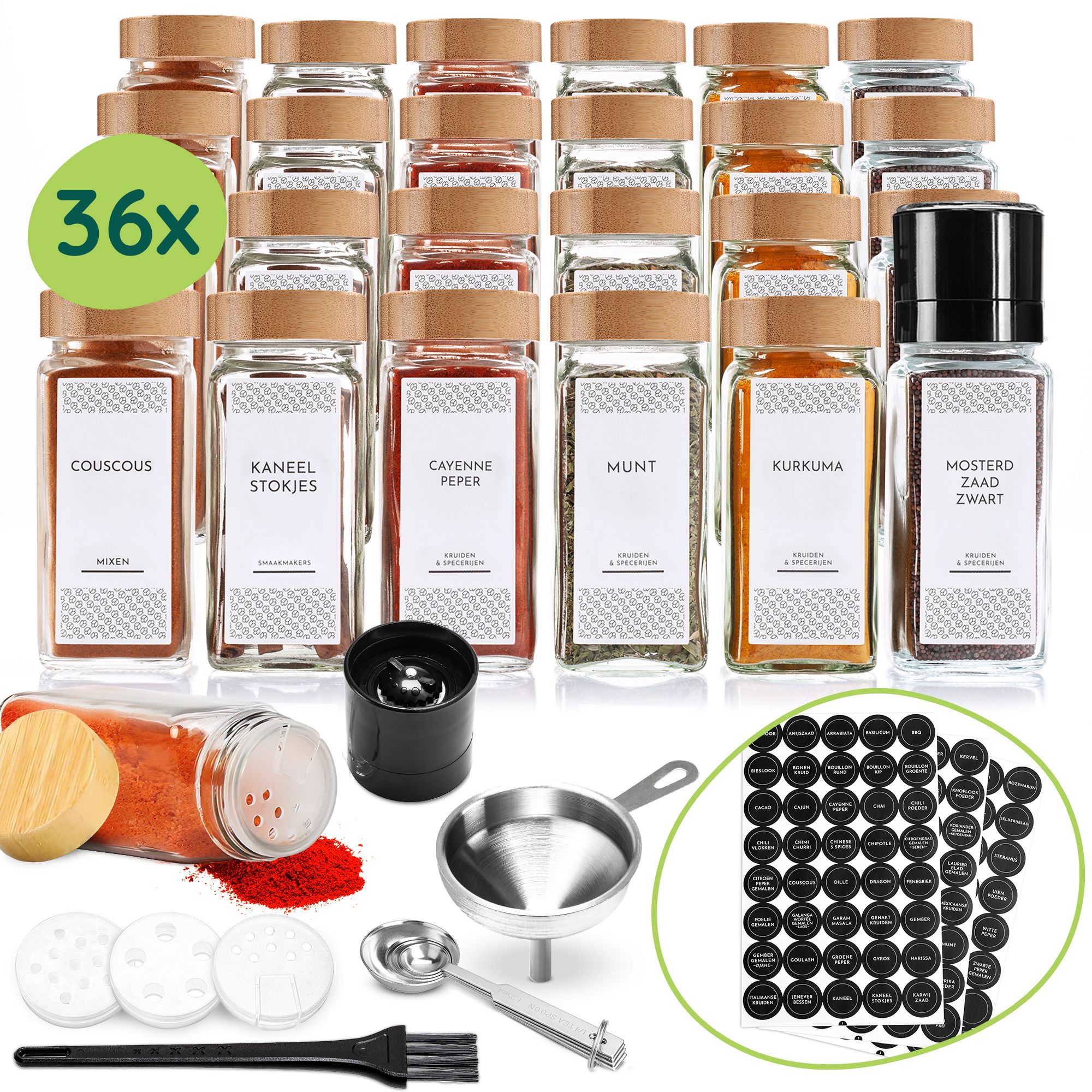 XIVADA Glazen kruidenpotjes set – 36 vierkante bamboe potjes met labels, strooideksels en accessoires