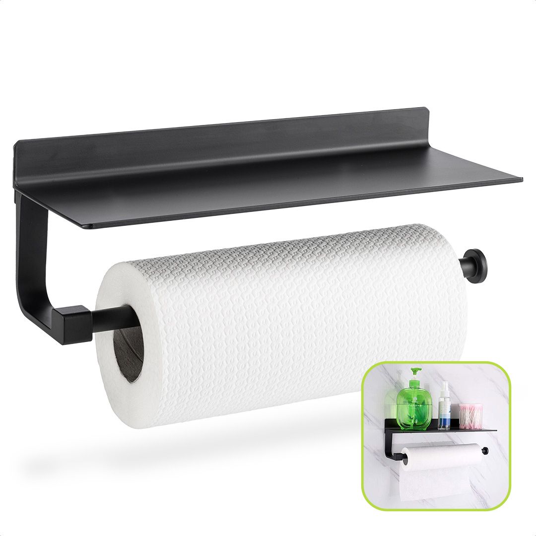 XIVADA Keukenrolhouder Julia met wandplank – Strakke zwartcoating, zelfklevende montage