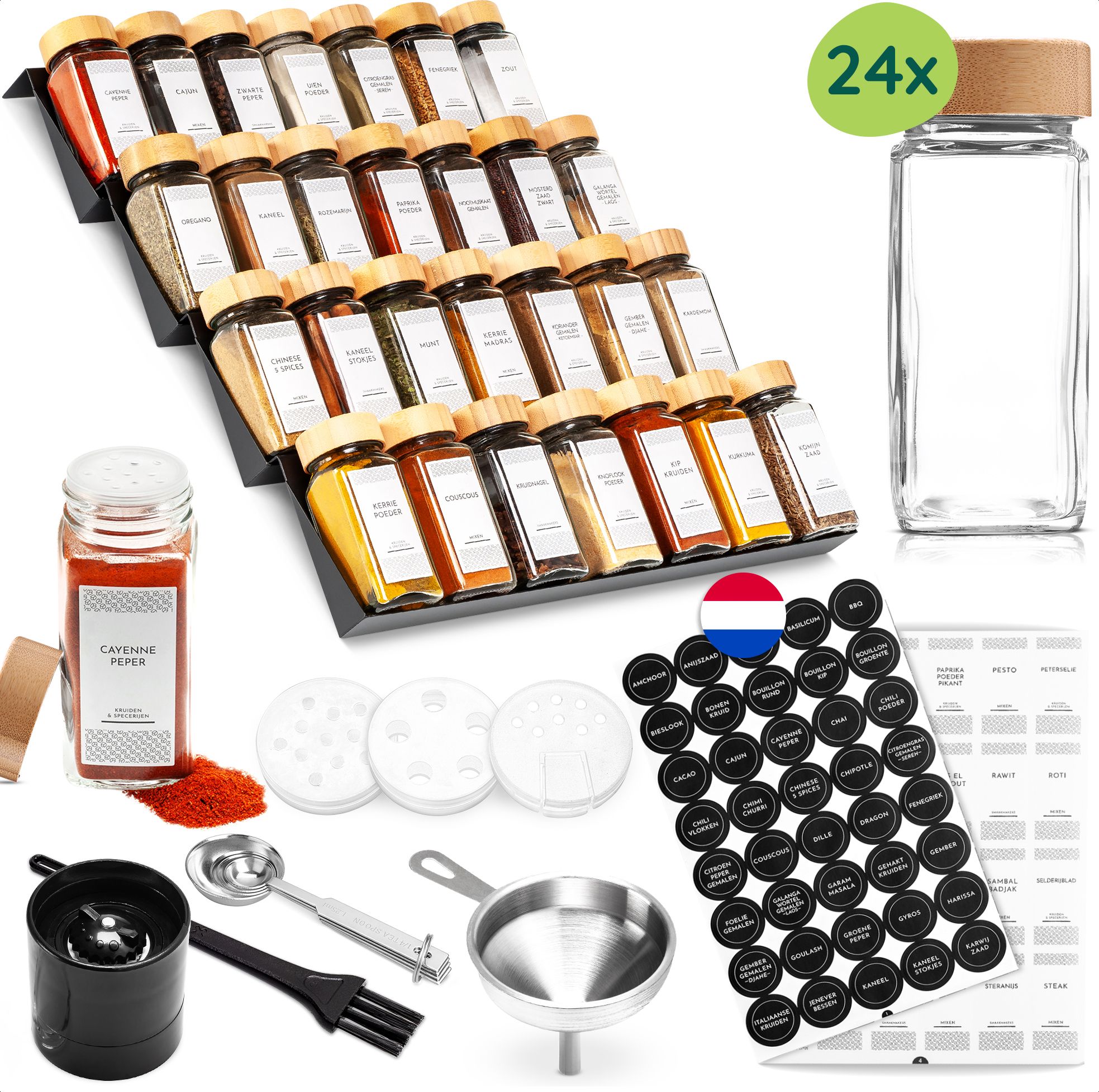 XIVADA Kruidenrek Lade met 24 Glazen Potjes & 240 Labels – Alles-in-1 Organisatiepakket