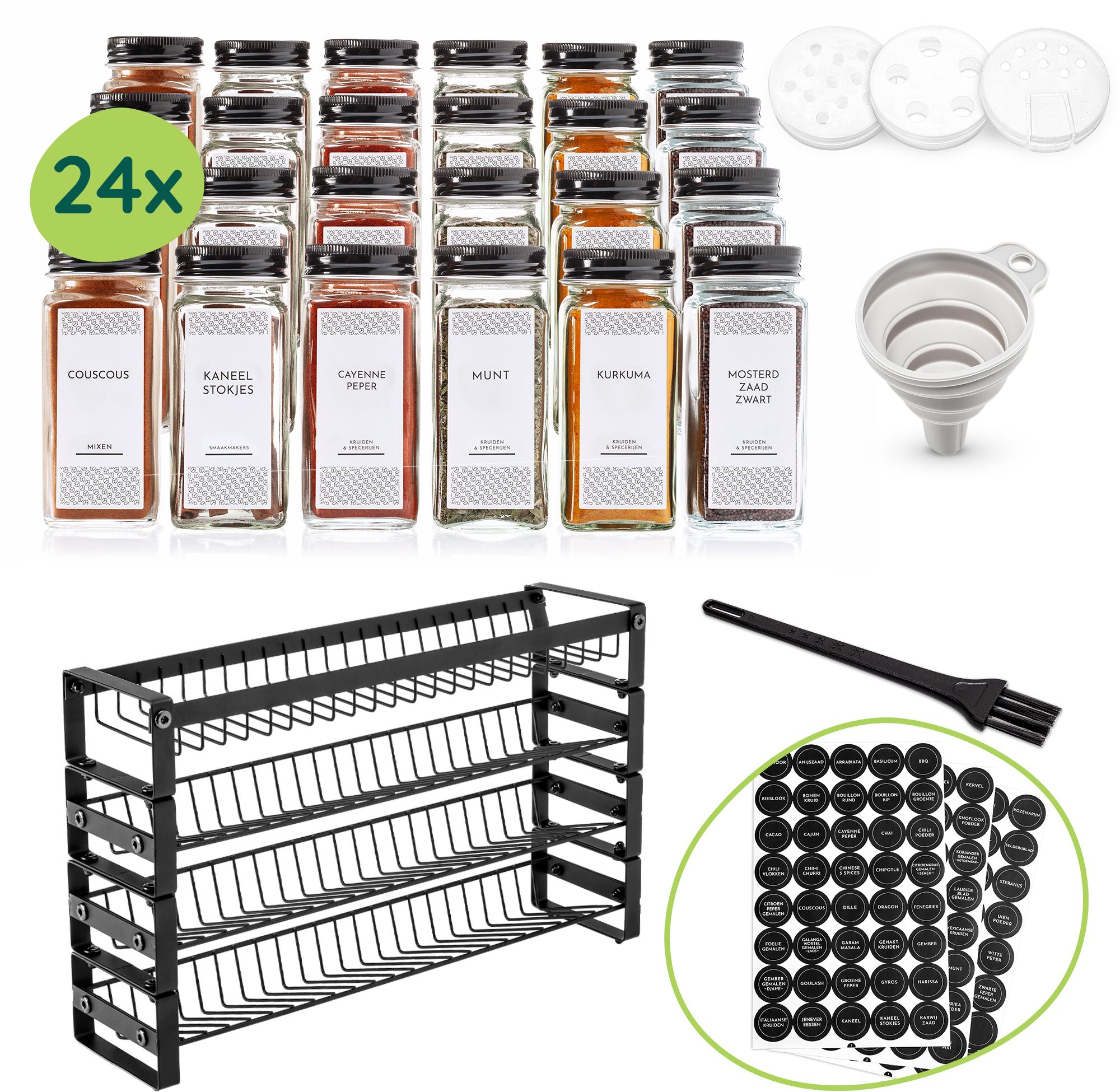XIVADA Kruidenrek zwart – alles‑in‑één set met 24 glazen potjes, stickers & accessoires
