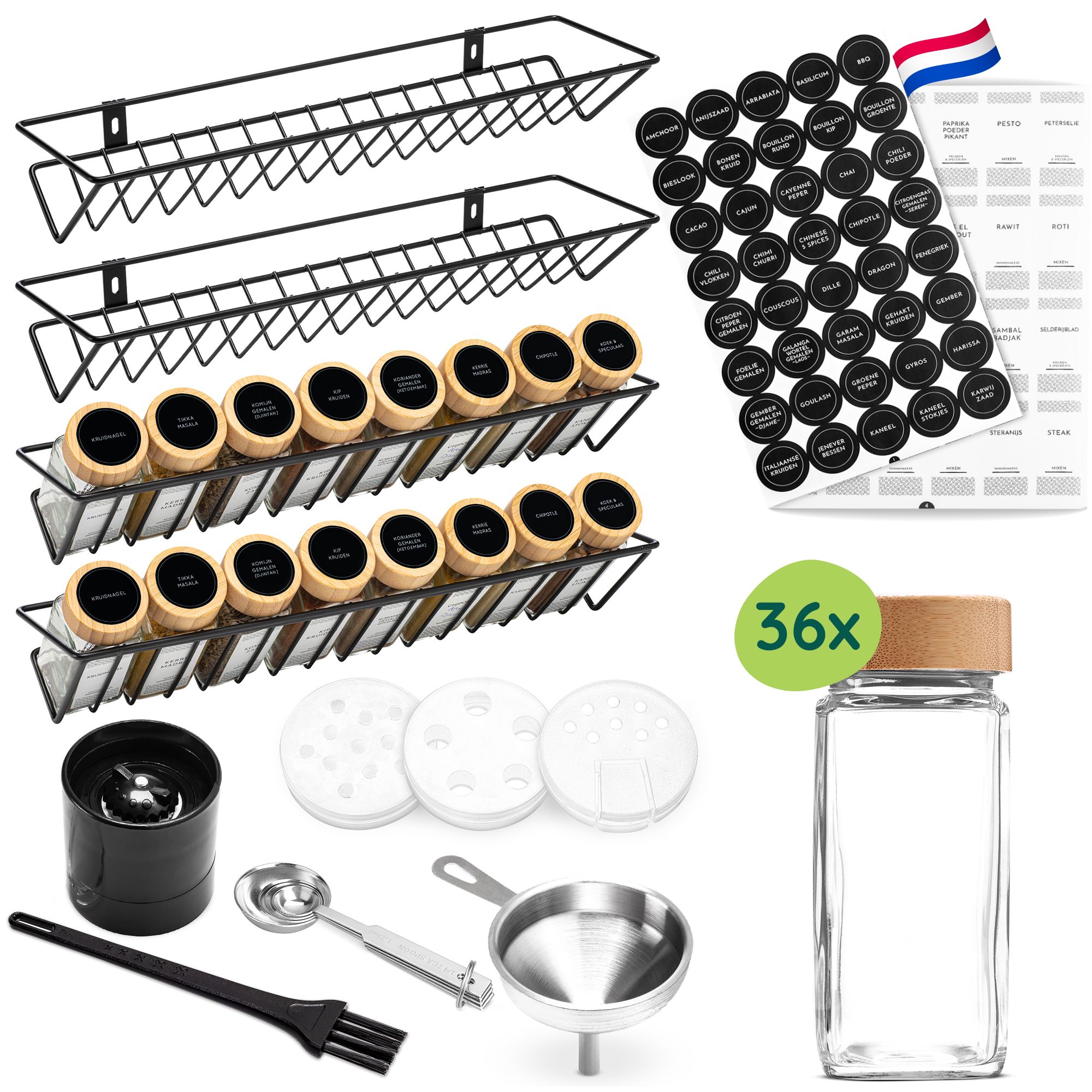 XIVADA Ophaangbaar Kruidenrek – Complete set met 36 glazen potjes en 240 labels