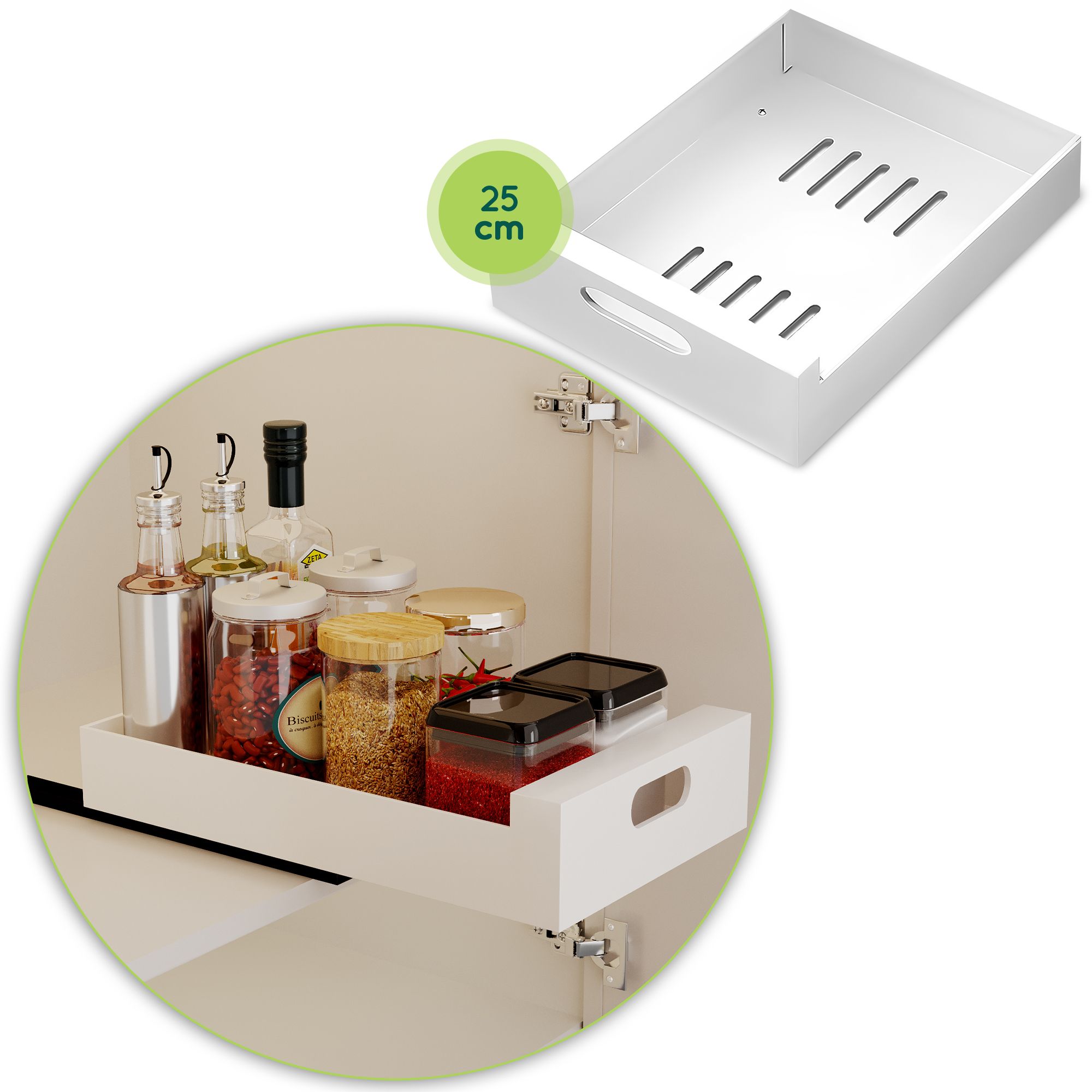XIVADA Schuiflade Keukenkast Organizer – 25 cm – Witte hoogglans aluminium