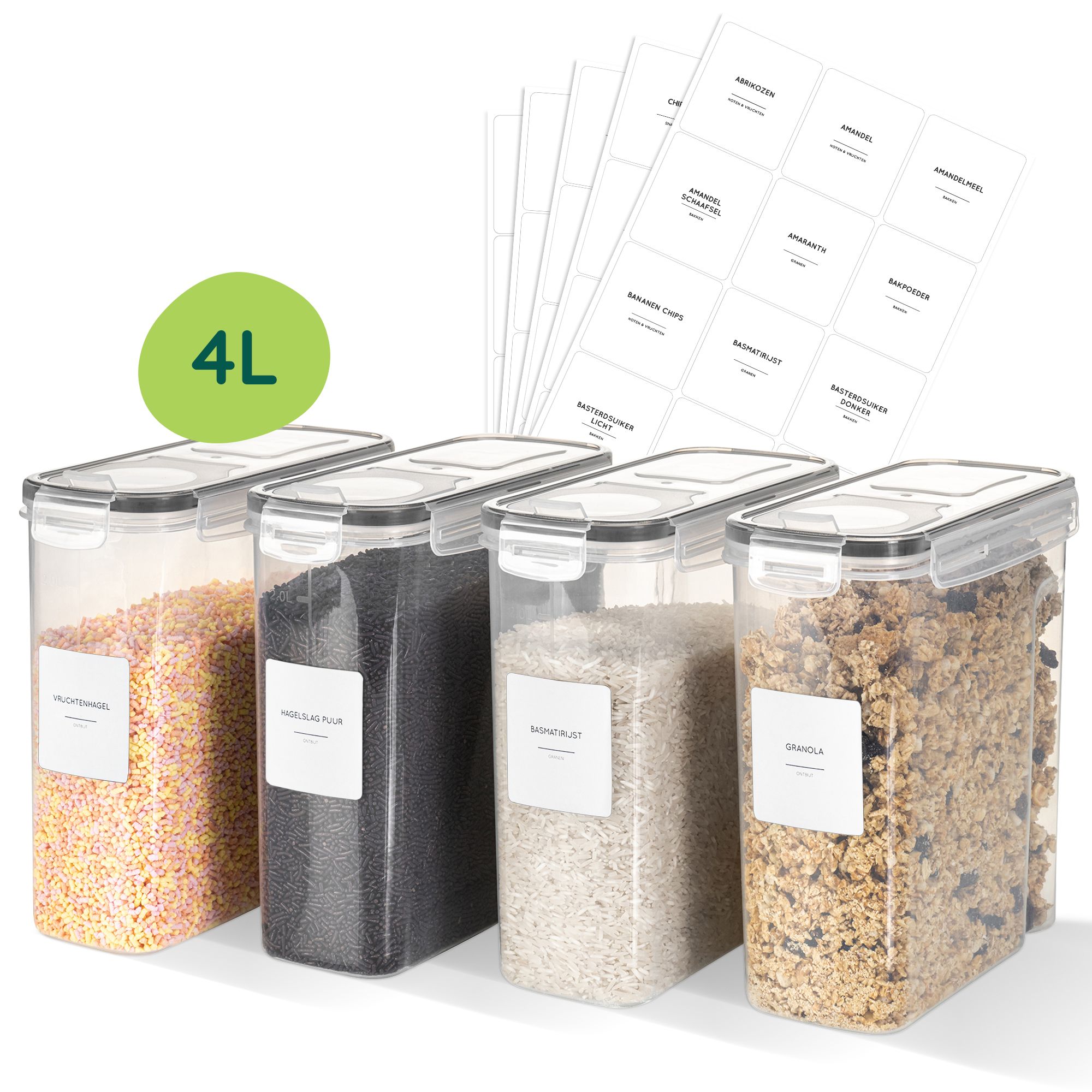 XIVADA Voorraadpotten Ella 4 L – Set van 4 transparante, luchtdichte opslagpotten met strooideksel en 192 labels