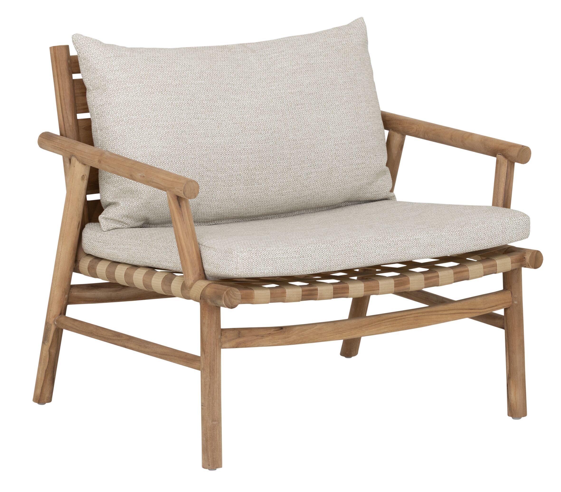 Yoko Fauteuil van MUST Living – Rustiek teakhout & zachte beige stof