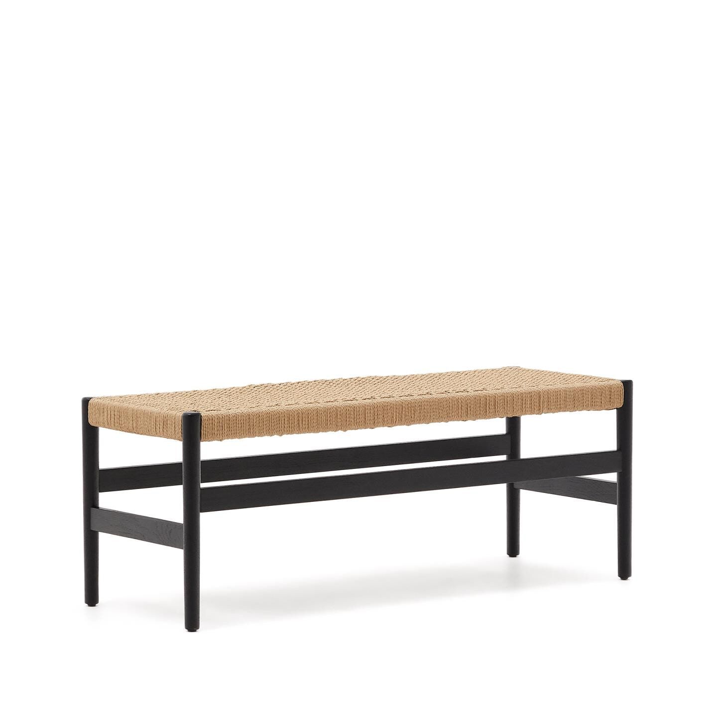 Zaide eetkamerbank – zwarte eikenhouten zitbank met handgevlochten touw, 120 cm