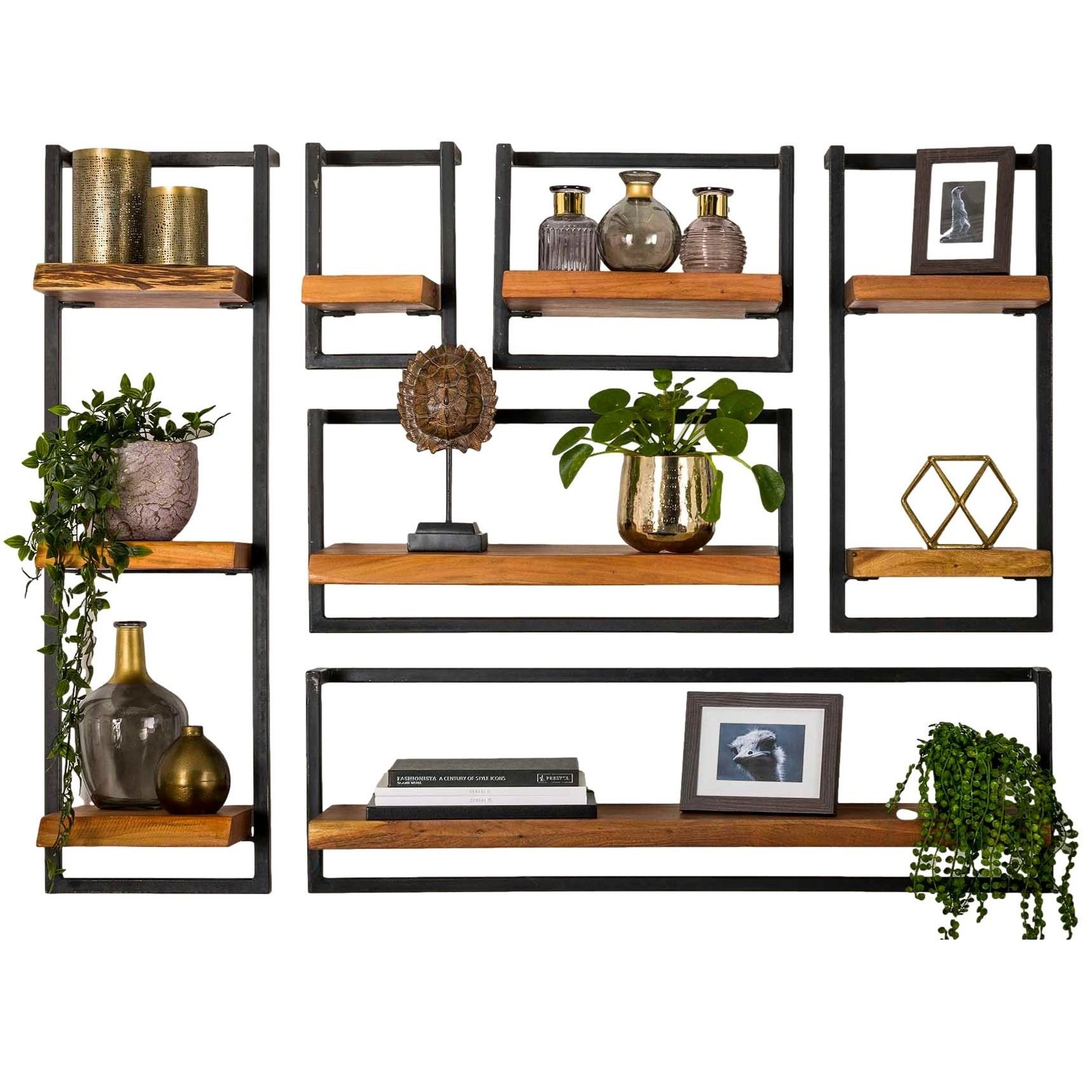 Zaloni Edge 6‑delige wandrek set – massief acacia hout & vintage stalen frame