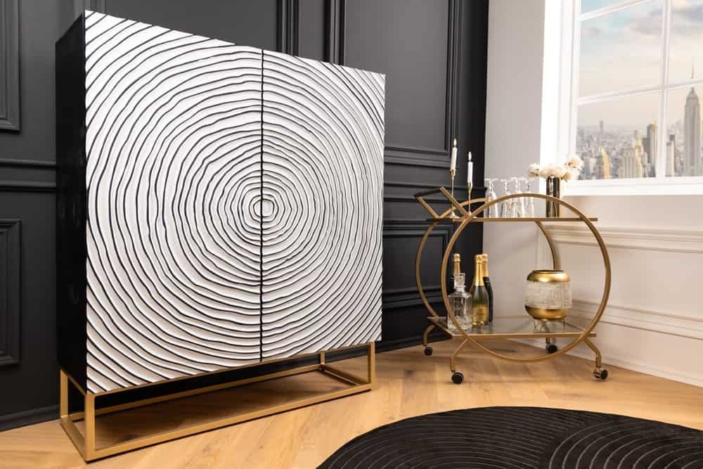 ZEN CIRCLES Hoge Kast – Strakke 3D‑design in wit, zwart en mangohout
