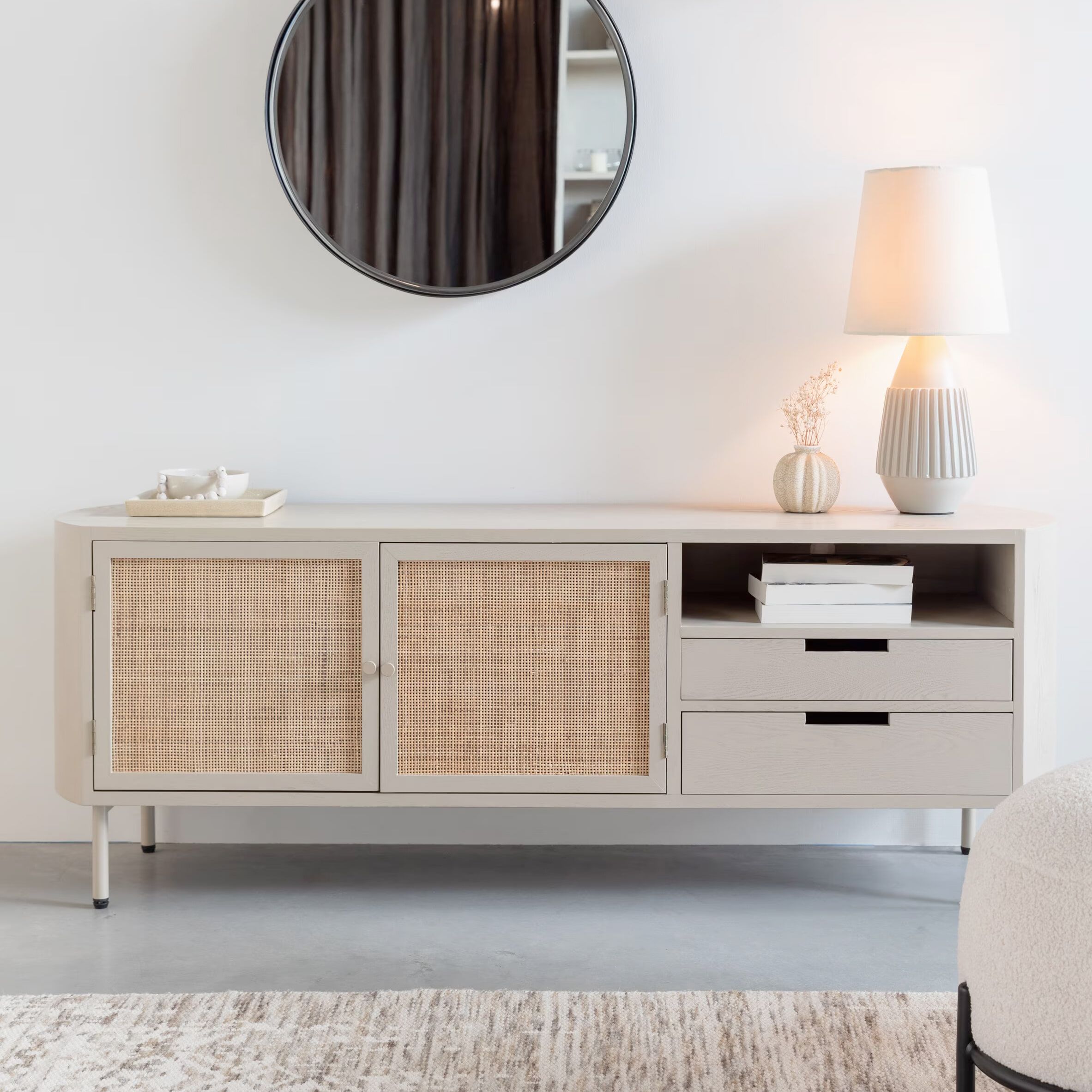ZILT Meja Rattan TV‑meubel – 150 cm, Beige, Japandi stijl