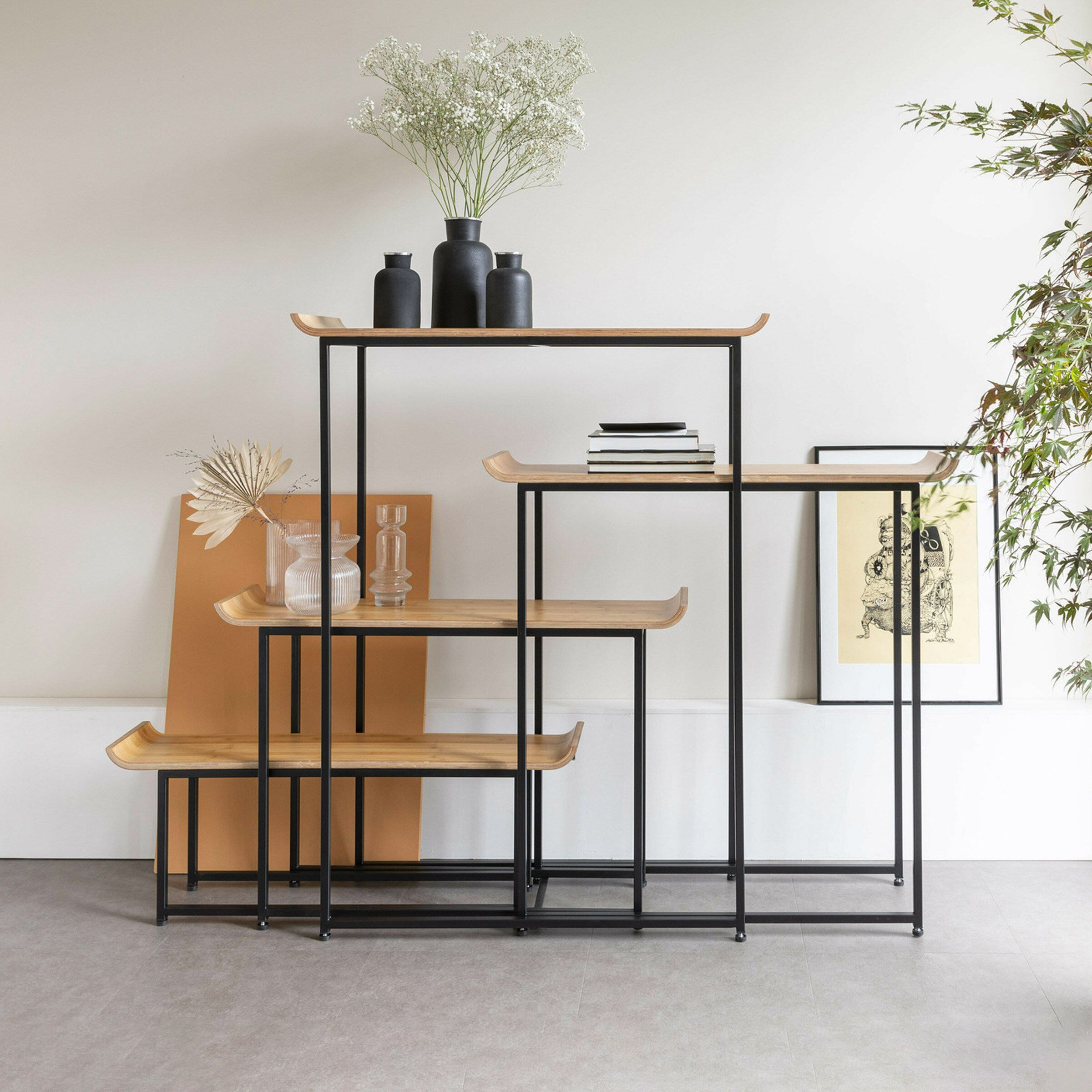 Zuiver Flodka Wandrek Set van 4 – Zwart – Modulaire Houten & Stalen Wandrekken