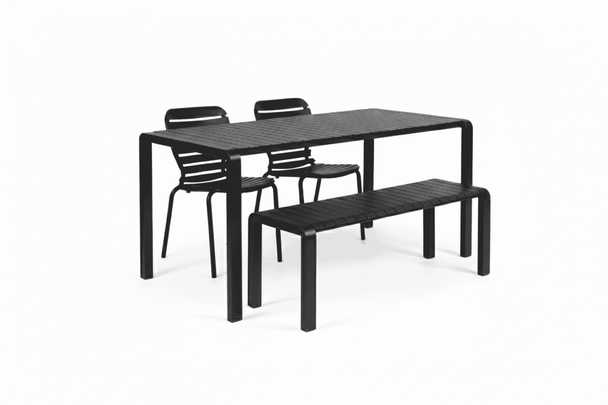 Zuiver Vondel tuinset – elegante zwarte set met tafel, 2 stoelen en bankje