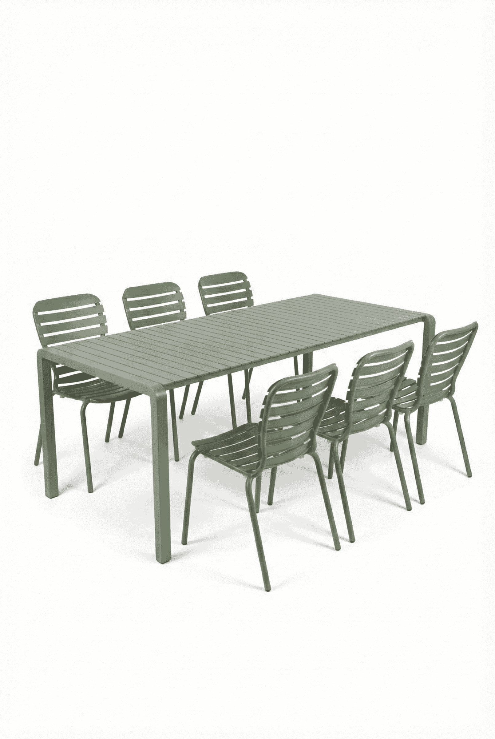Zuiver Vondel Tuinset – Groene aluminium eettafel met 6 stoelen, 214 × 97 cm