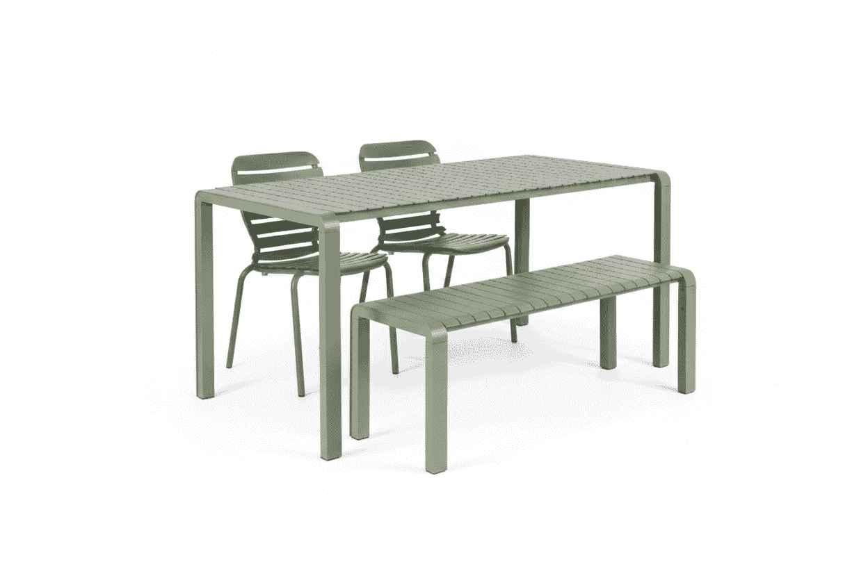 Zuiver Vondel Tuinset – Groene Eettafel met 2 Stoelen en Bankje (168 × 87 cm)