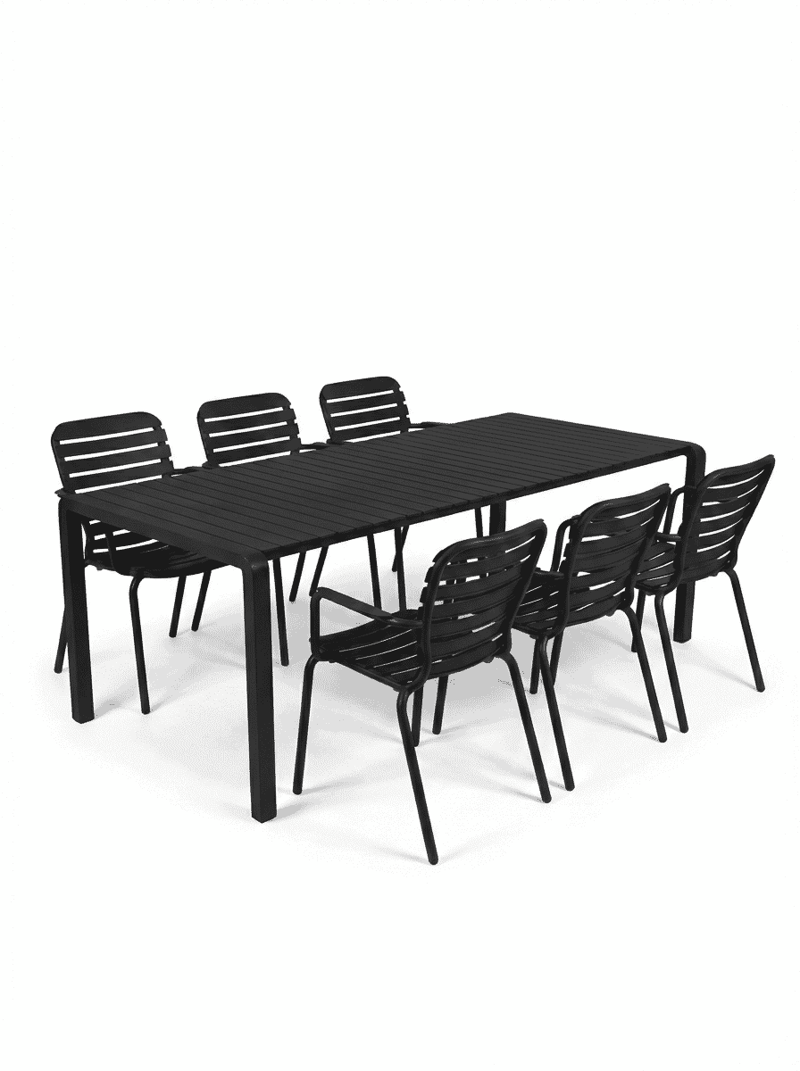 Zuiver Vondel tuinset – strakke zwarte set met tafel en 6 armleuningstoelen