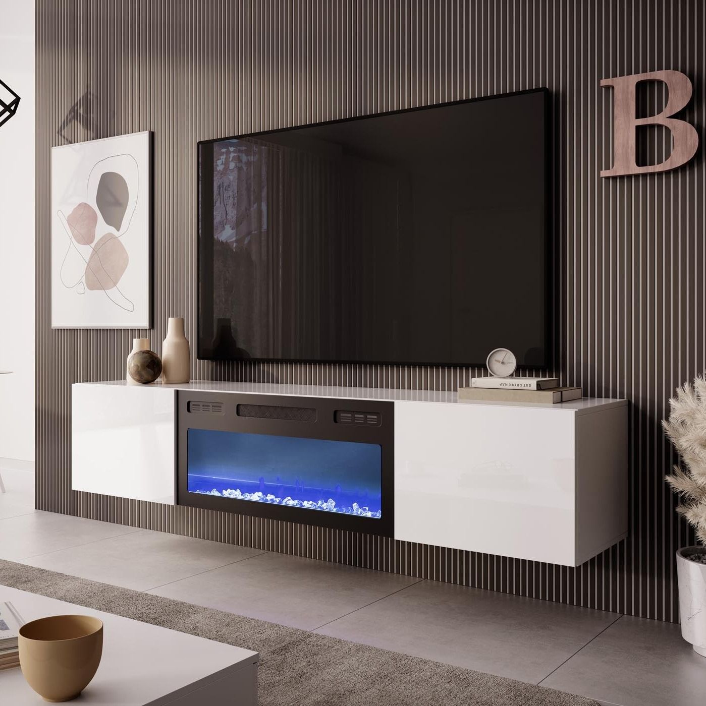 Zwevend tv-meubel Livo – modern wit design met ingebouwde sfeerhaard (180 cm)