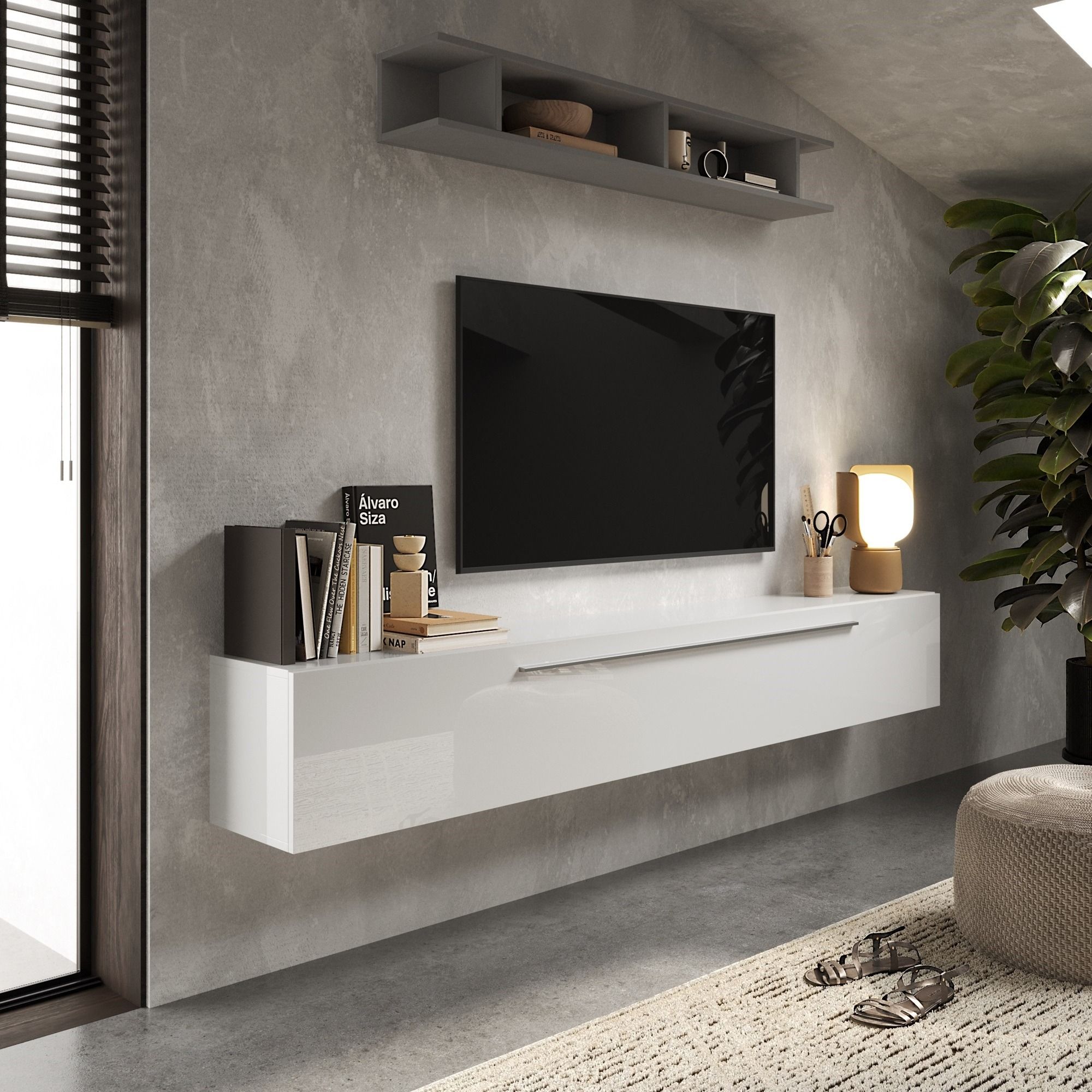 Zwevend TV-meubel Mexy – Strak, ruim en hoogglans wit (210 cm)
