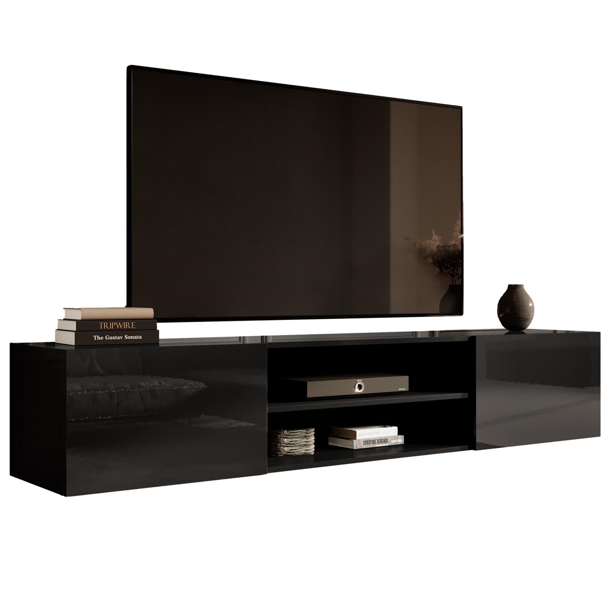 Zwevend TV‑meubel Slide – 200 cm breed, hoogglans zwart