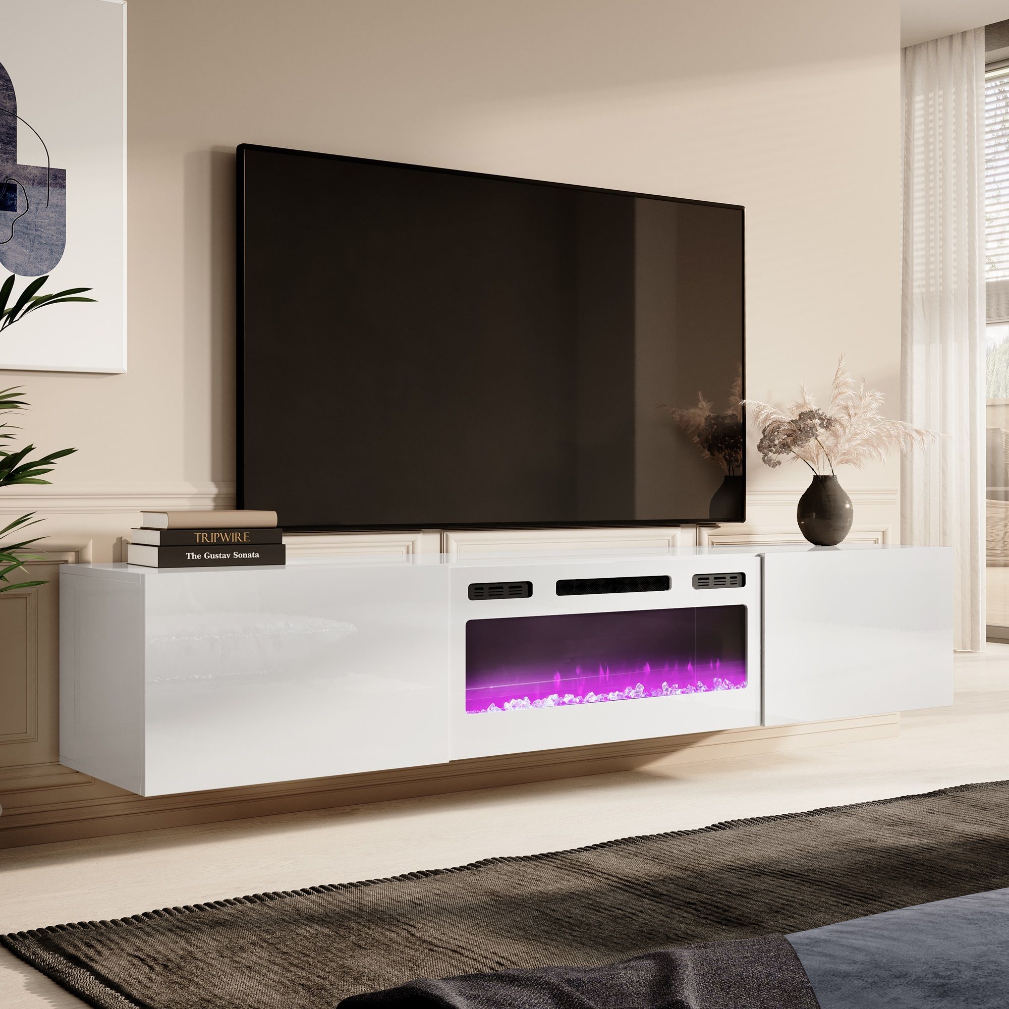 Zwevend TV‑meubel Slide 200 cm – Hoogglans wit met sfeervolle LED‑haard