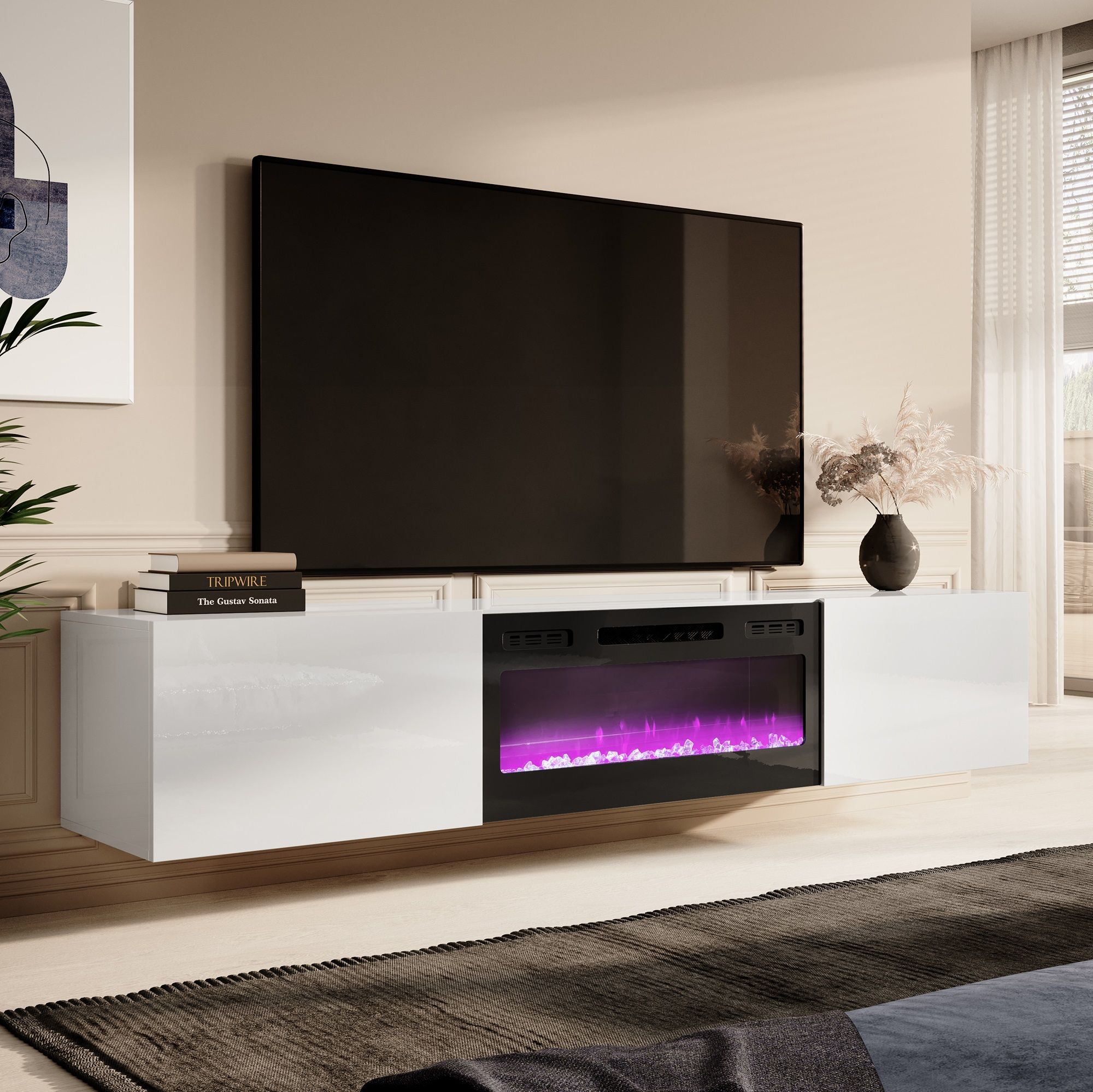 Zwevend TV‑meubel Slide 200 cm – Hoogglans wit met zwarte sfeerhaard