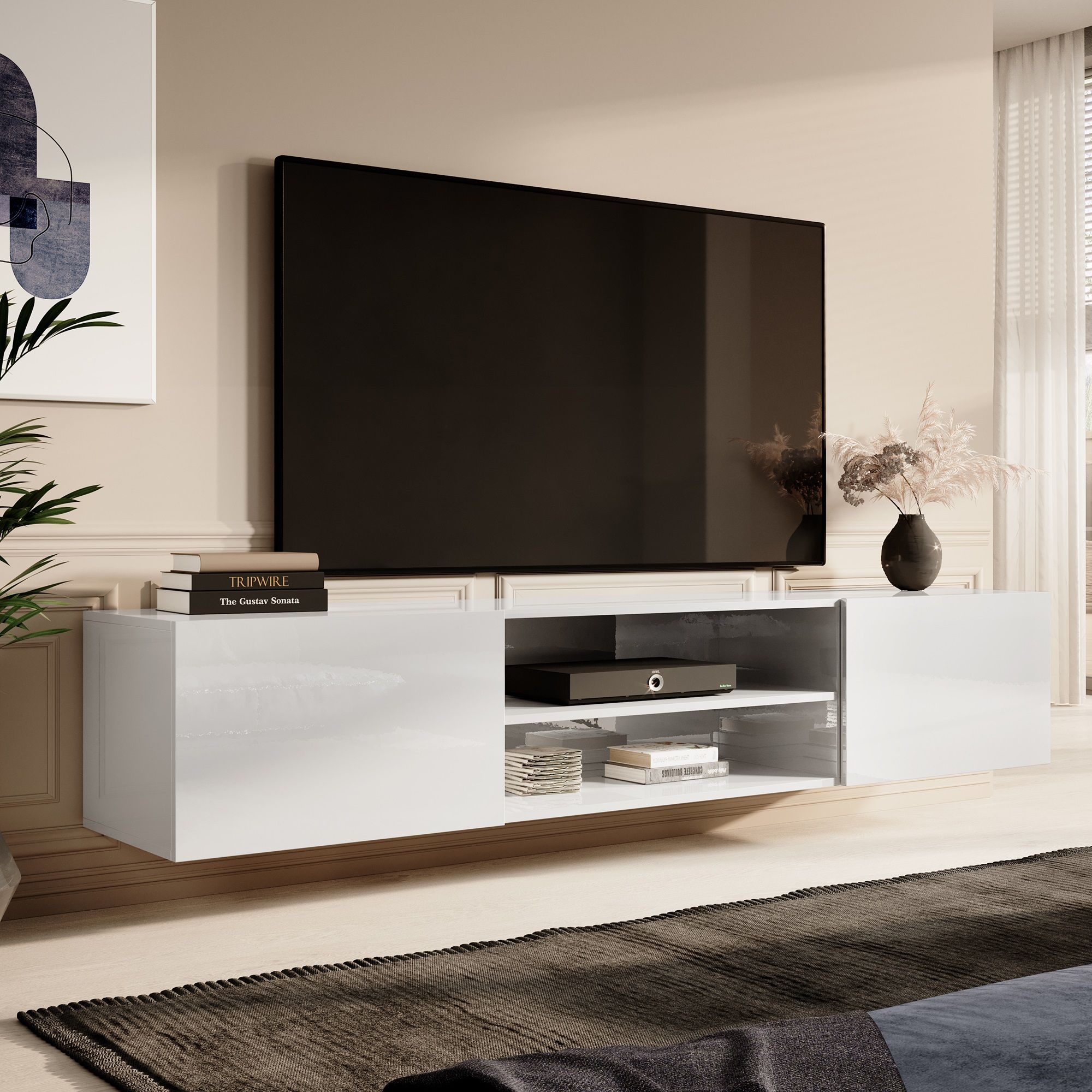 Zwevend tv‑meubel Slide – 200 cm hoogglans wit voor een strak interieur