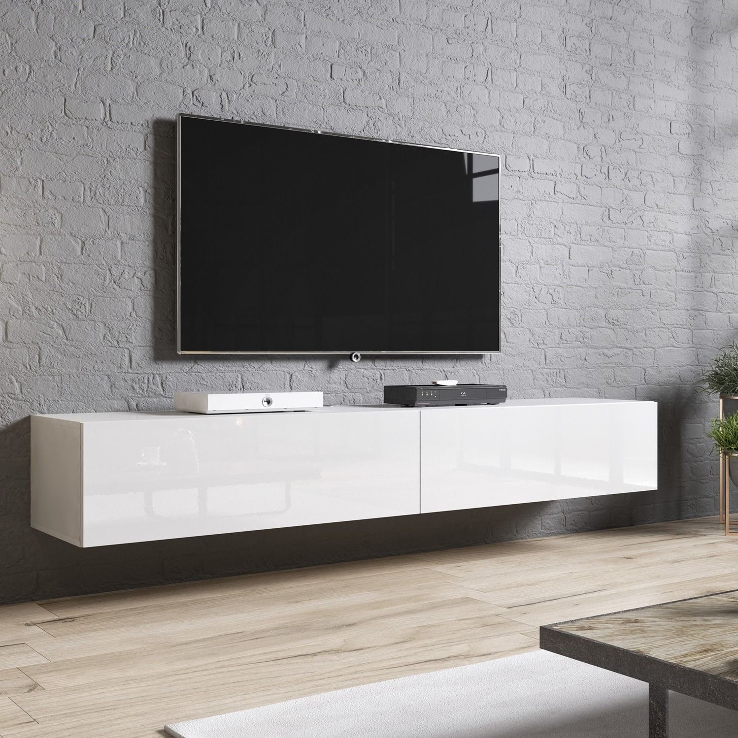 Zwevend TV-meubel Slide 200 cm – Hoogglans wit voor een strakke, moderne woonkamer