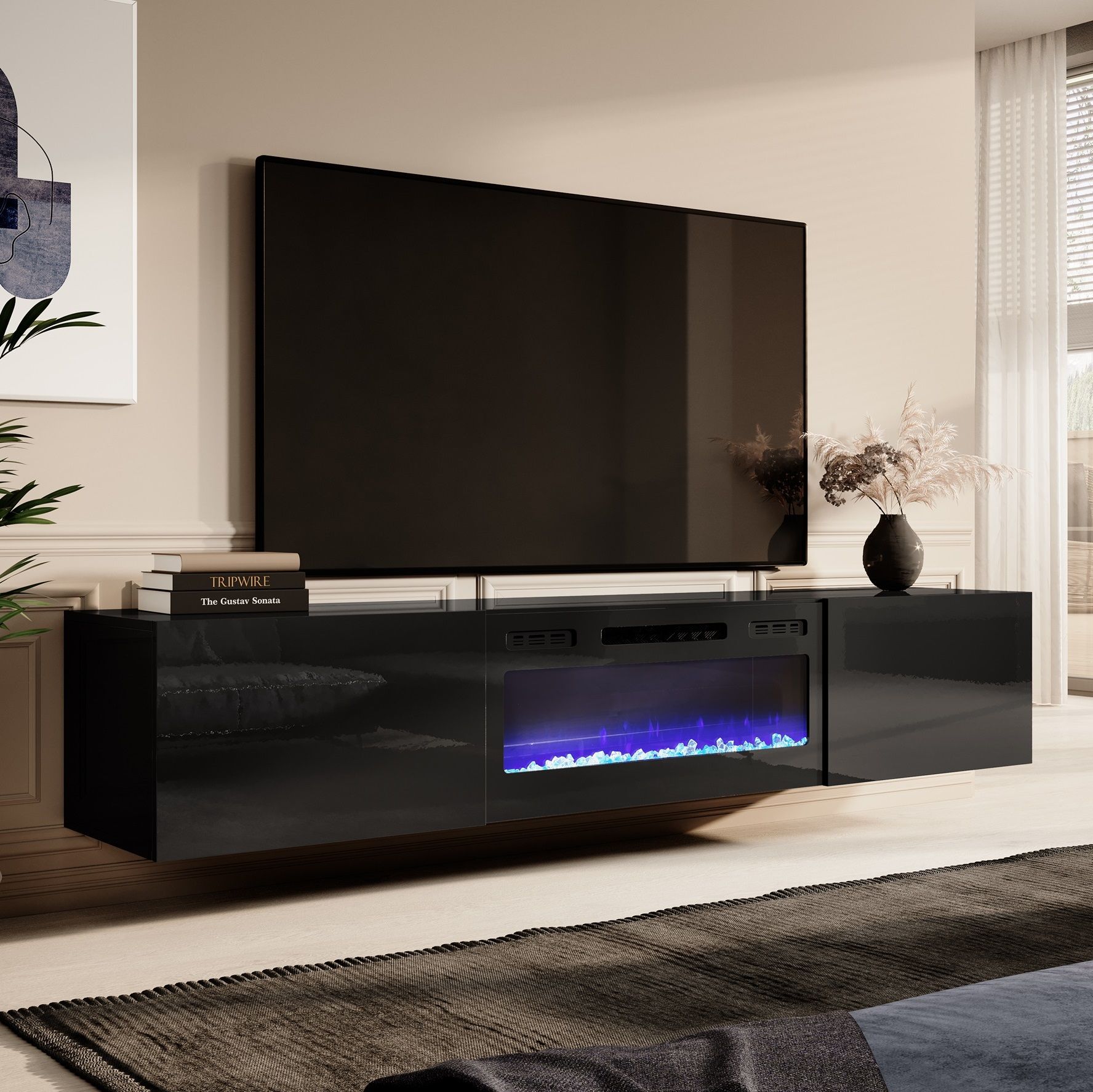 Zwevend TV‑meubel Slide 200 cm – Hoogglans zwart met sfeervolle LED‑haard